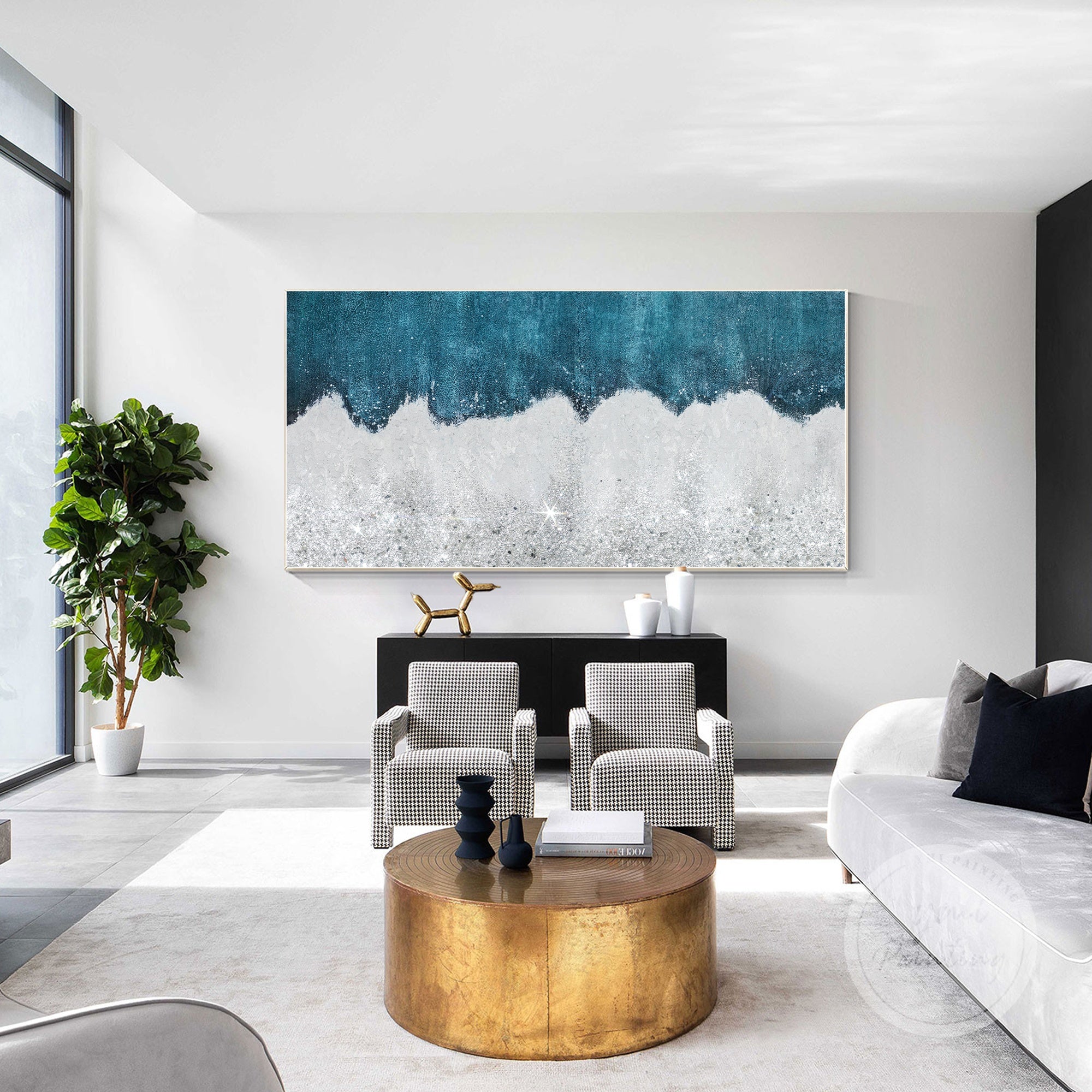 Original crushed glass wall painting with silver glitter, ready to hang.