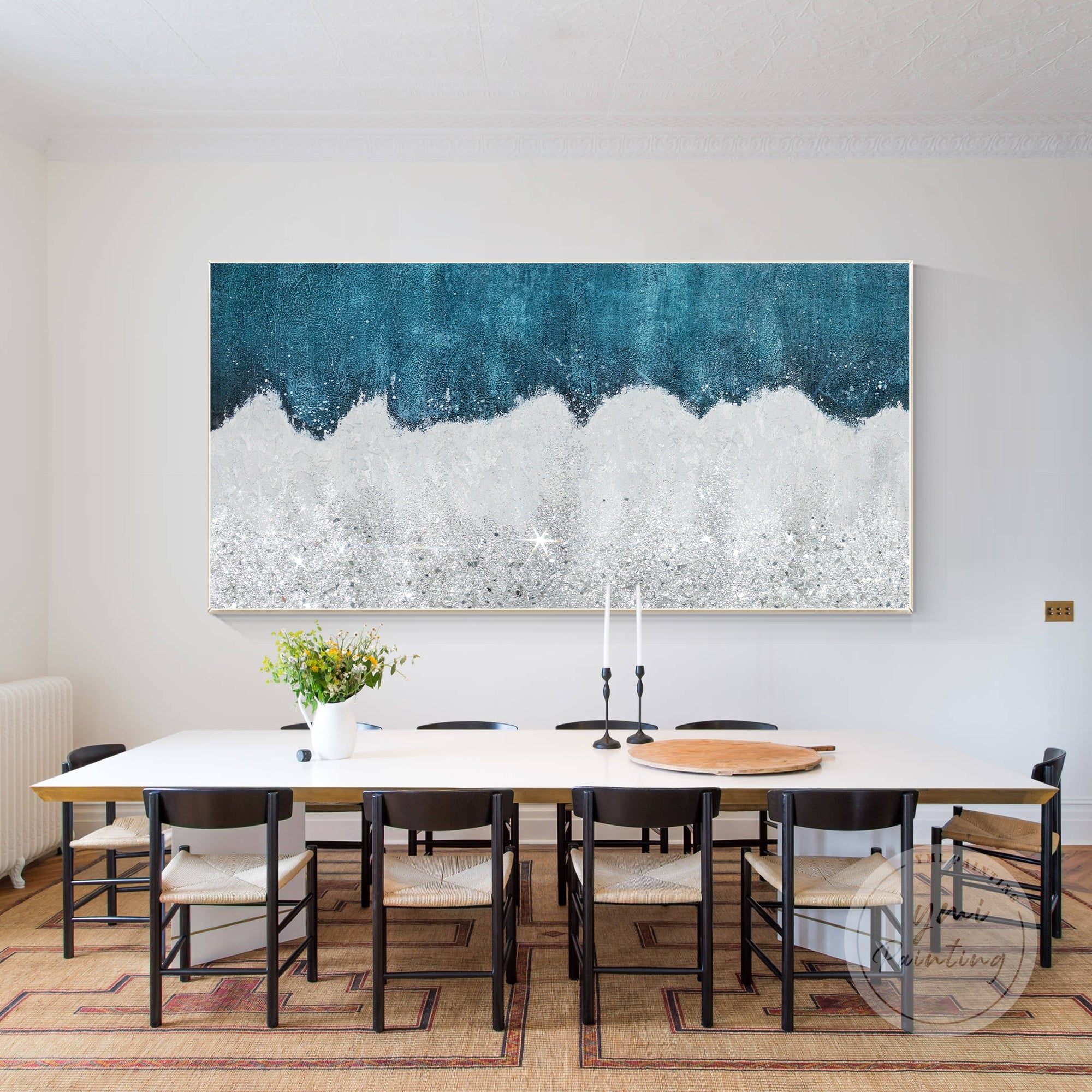 Blue and silver glitter painting with textured finish, ideal for living rooms.