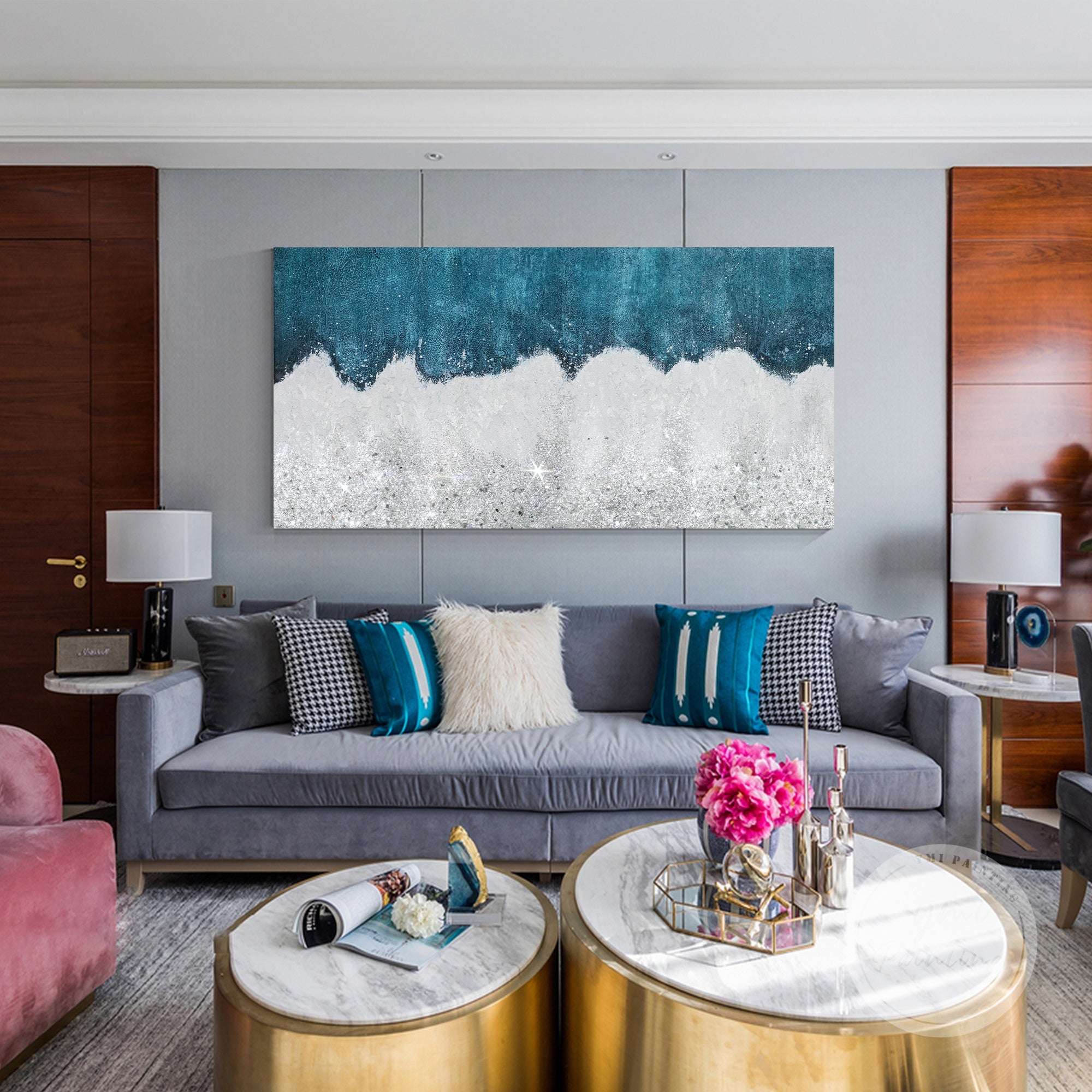 Modern glam art in silver and blue, decorated with crushed glass for sparkle.