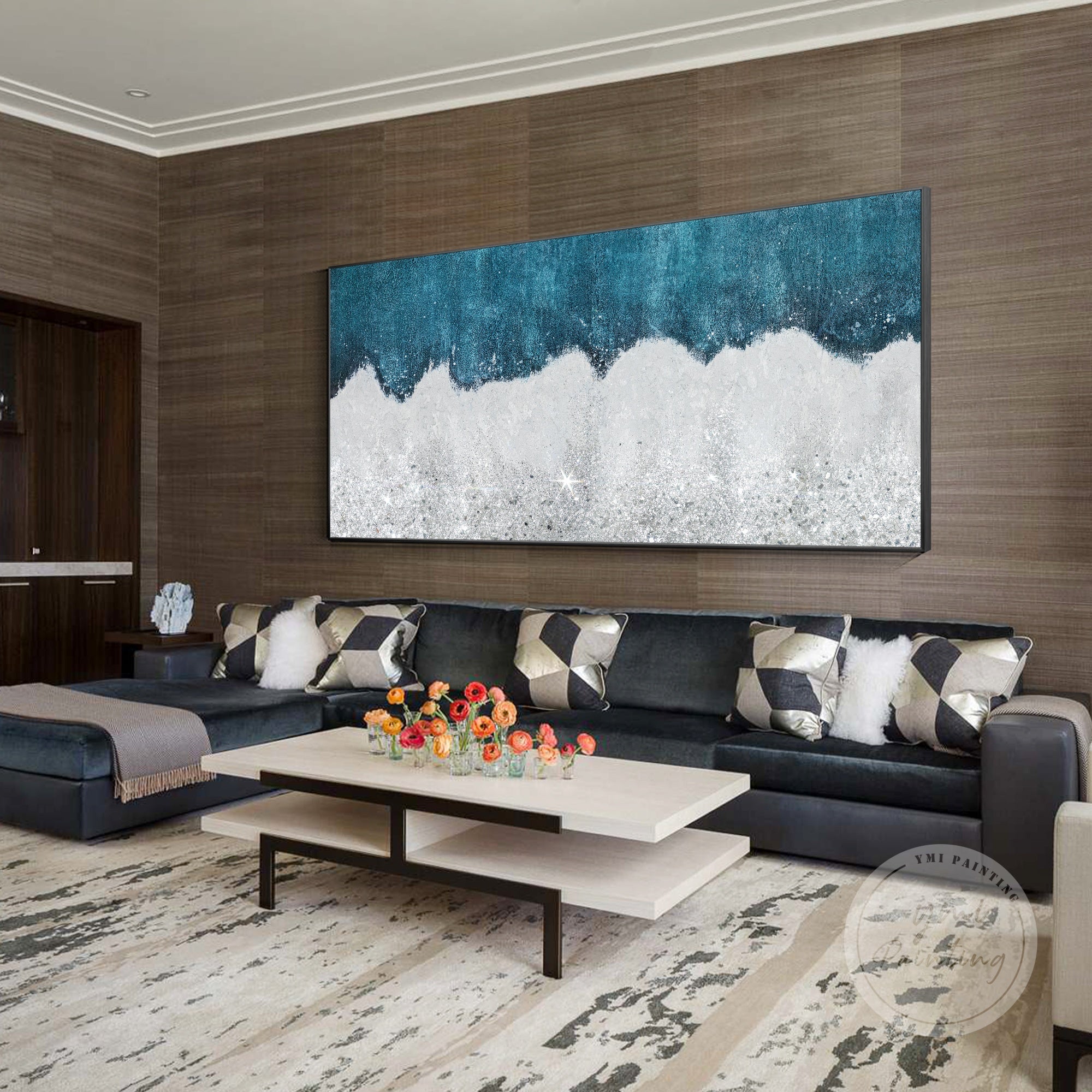 Elegant glitter canvas wall art with metallic silver tones and blue accents.