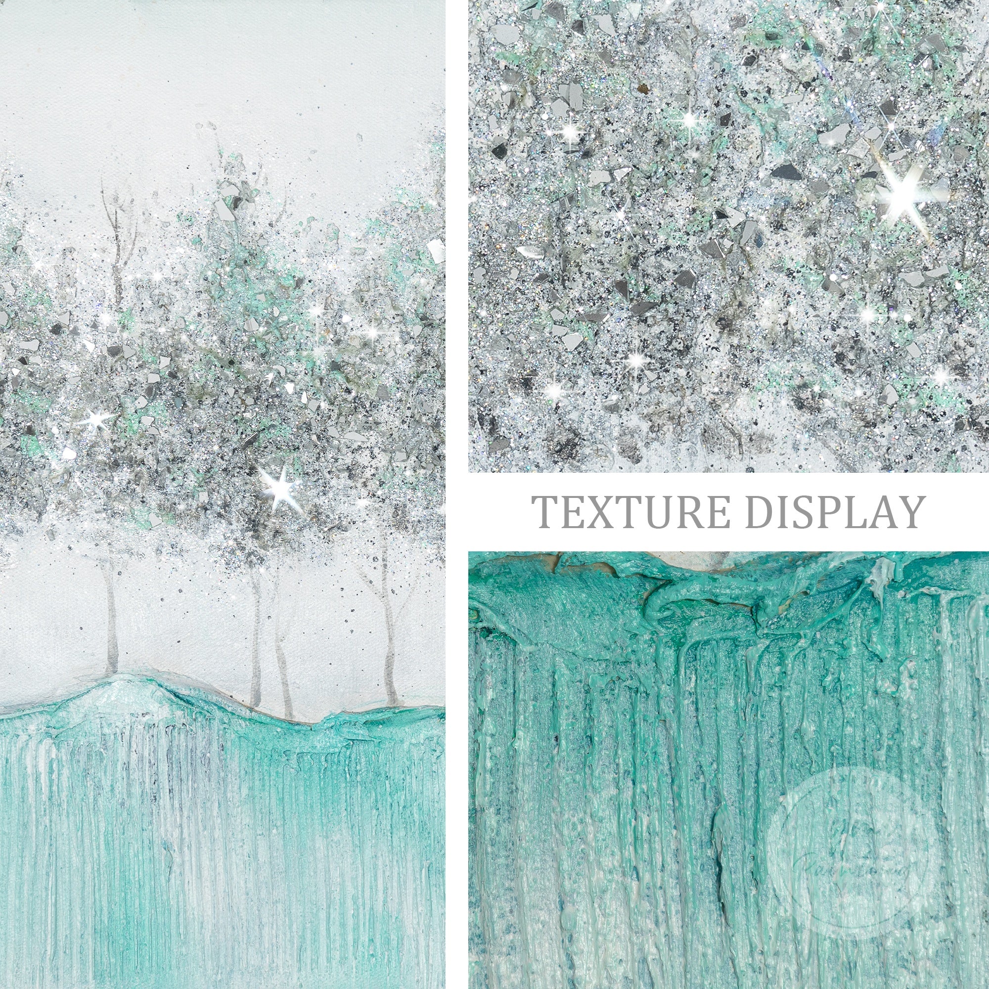 Textured tree painting with green and silver tones, perfect for modern interiors.