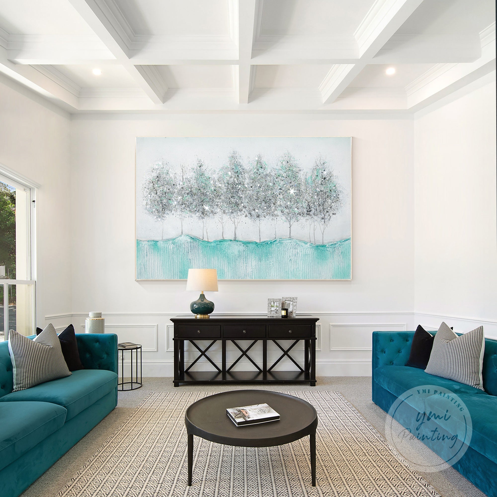 Contemporary tree wall art with glitter details in a minimalist bedroom.