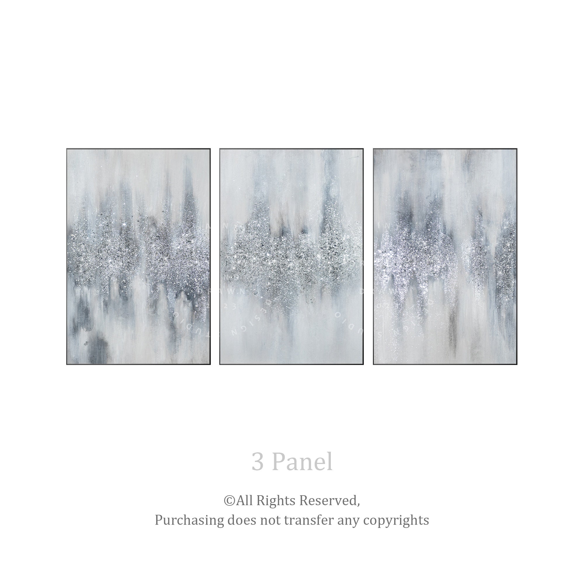 Minimalist set of 3 glitter paintings in gray, white, and silver, perfect for modern bedrooms or living rooms.