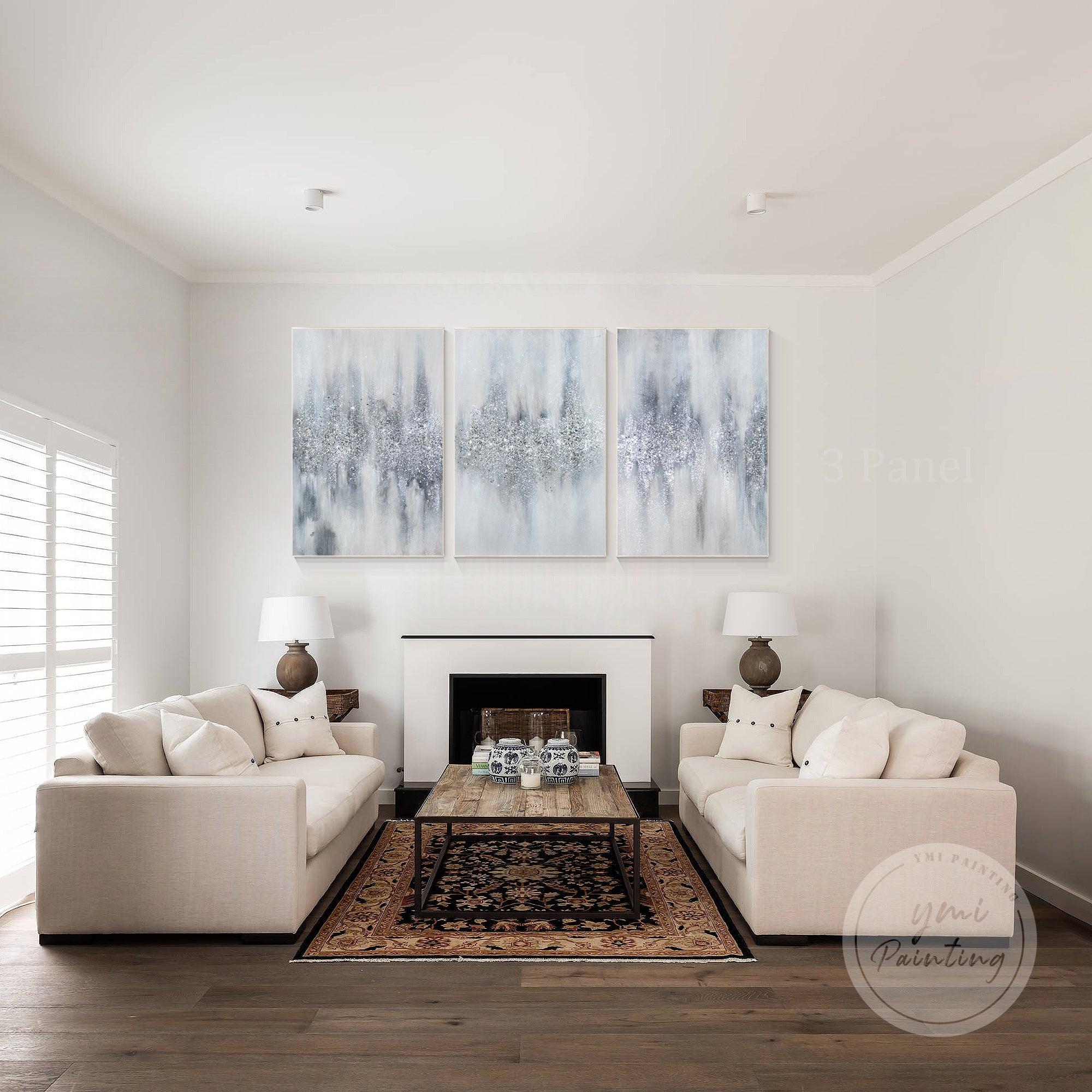 Large framed abstract glitter wall art featuring crushed glass accents in neutral tones.