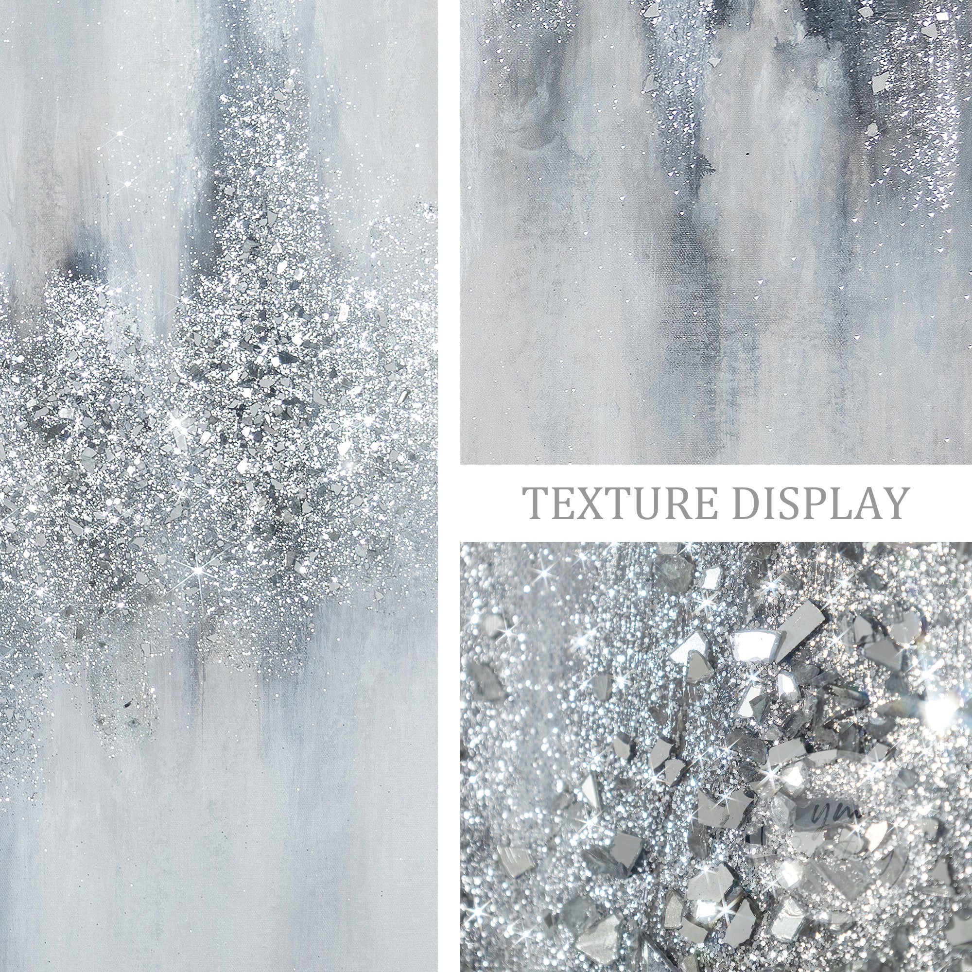 Silver glitter art set with textured surfaces, adding elegance and light to your wall decor.
