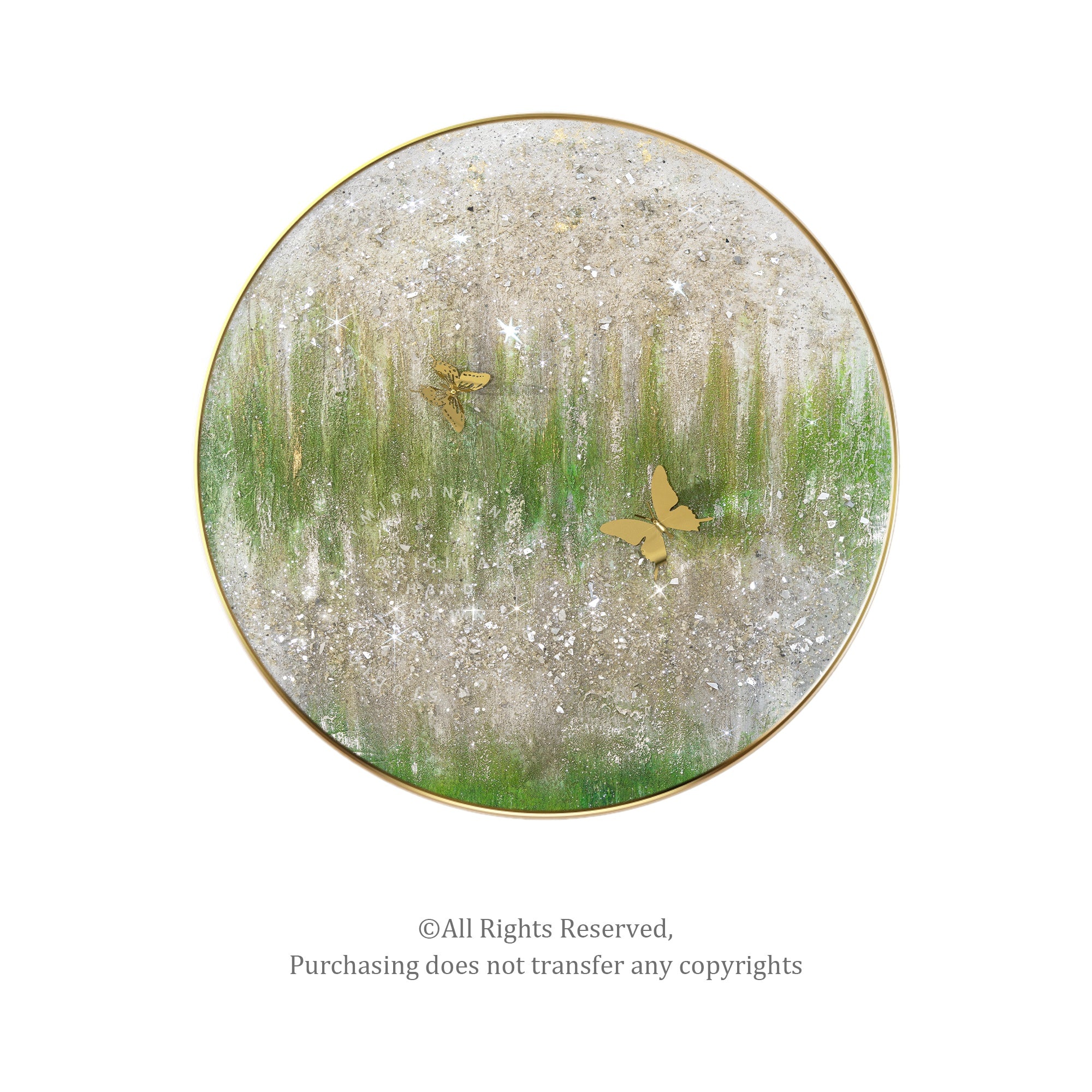Original sage green glitter wall art with large round frame and crushed glass texture.