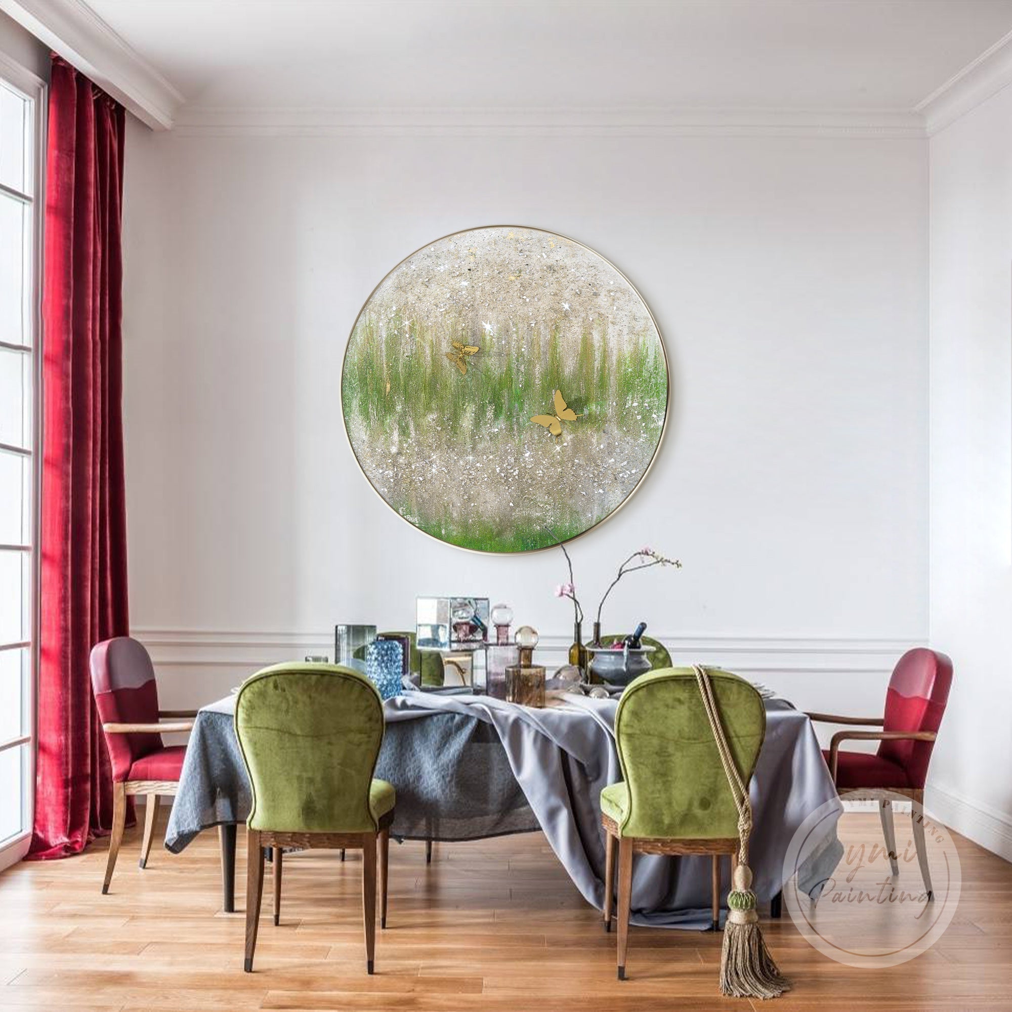 Sage green and silver glitter painting with shimmering highlights in a circular design.