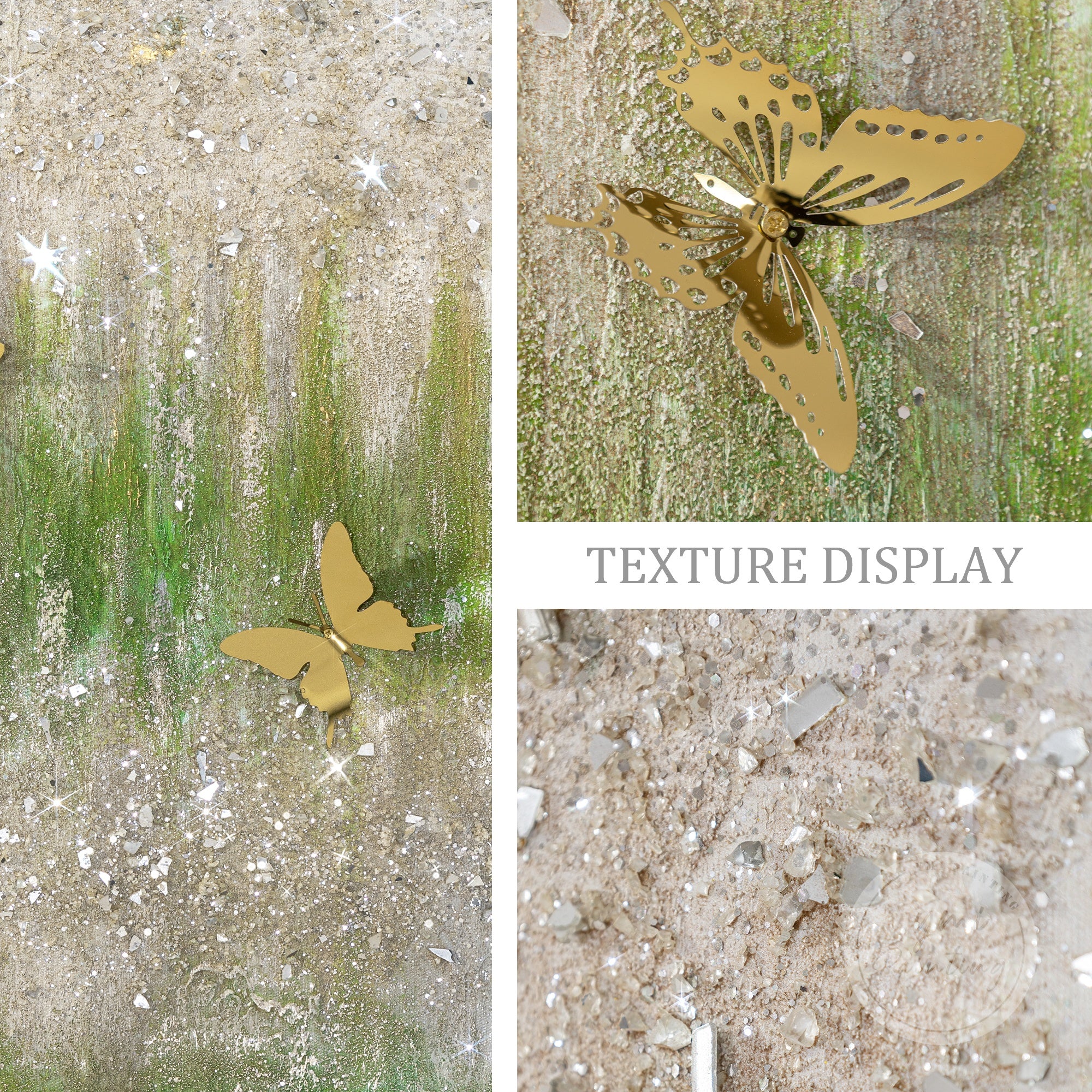 Round glitter painting featuring crushed glass and metallic sparkle in earthy tones.