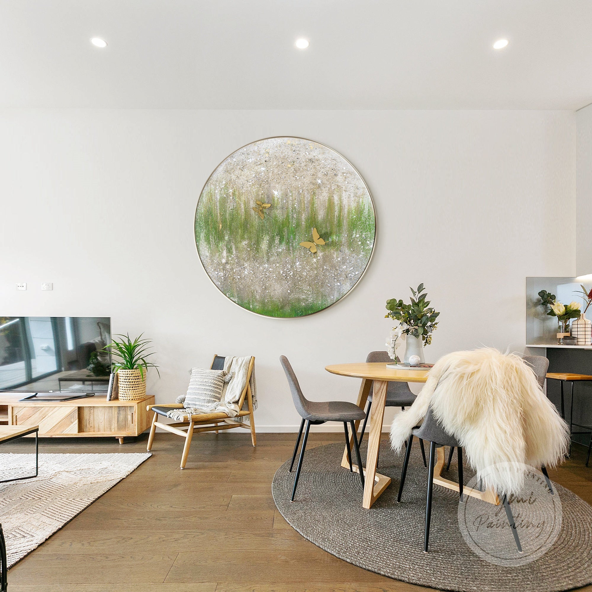 Large round wall art in sage green, featuring textured glitter and crushed glass accents.