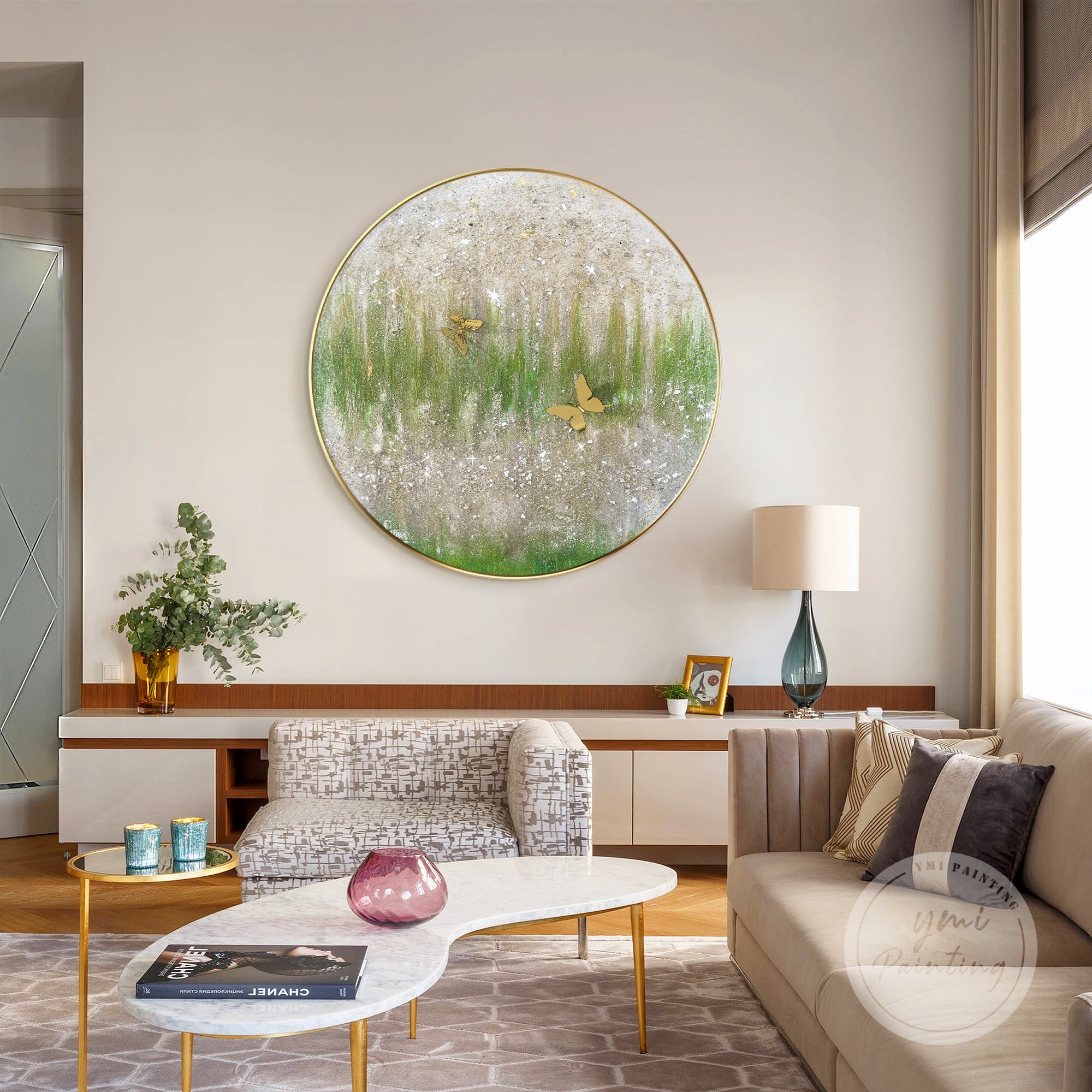 Abstract sage glitter painting with soft silver highlights, framed in round format.