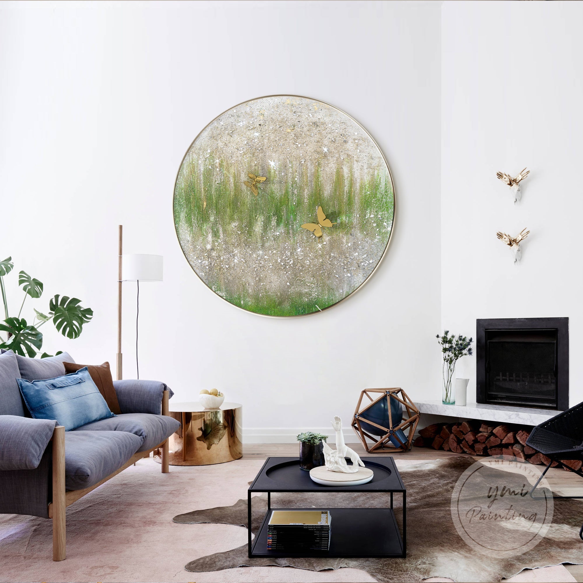 Silver glitter and sage round painting, ideal for neutral and calming interiors.