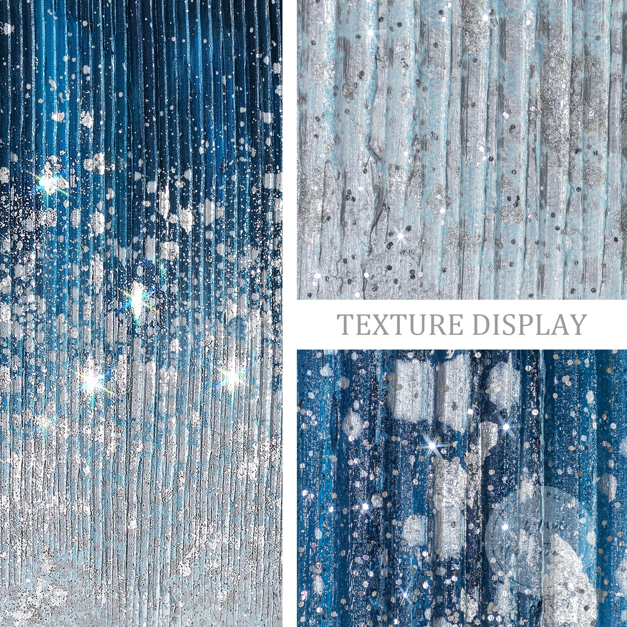 Minimalist navy blue wall art featuring silver glitter highlights and textured layers, ideal for office or home.