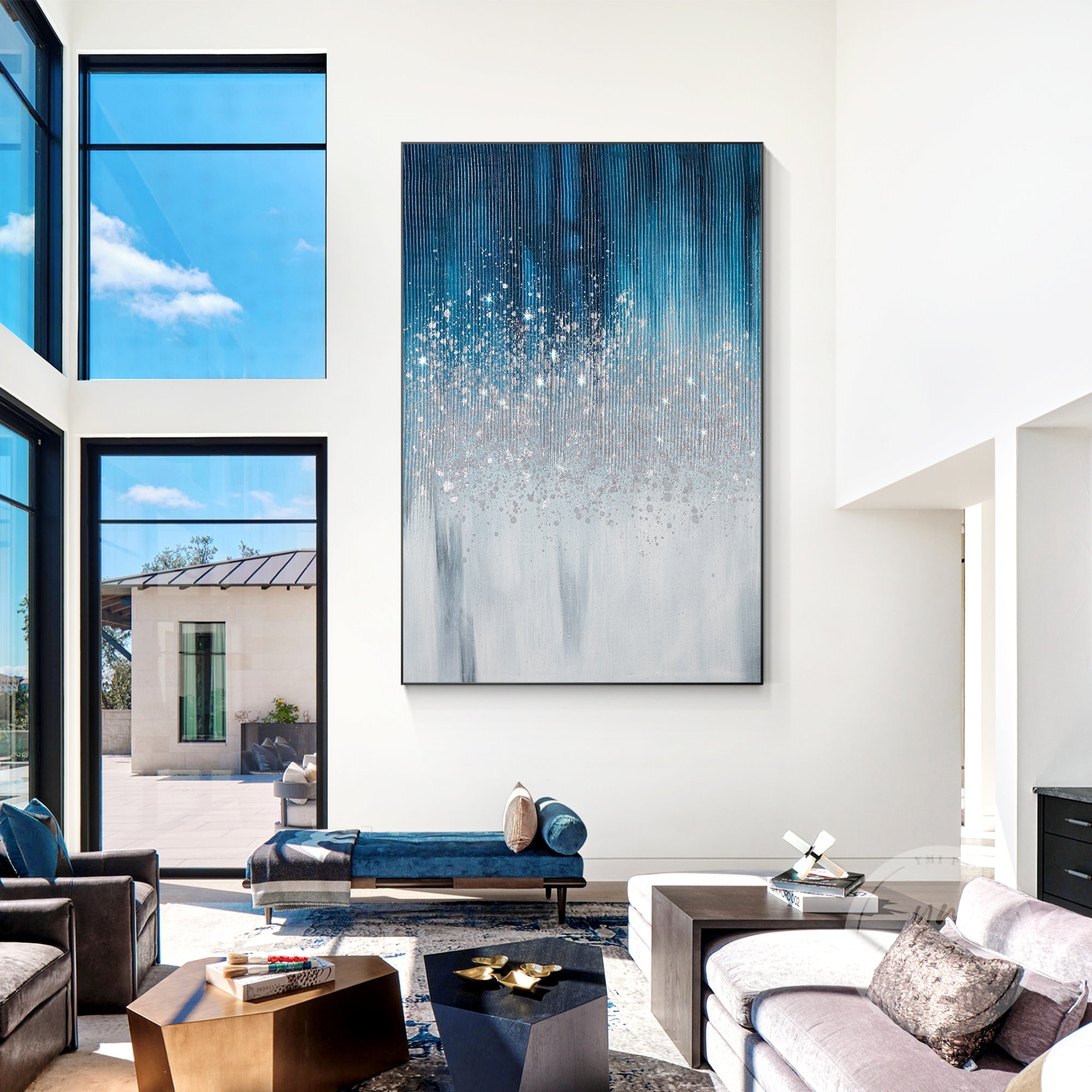 Framed silver glitter abstract painting on a navy blue background, bringing glamour and subtle shine to any space.