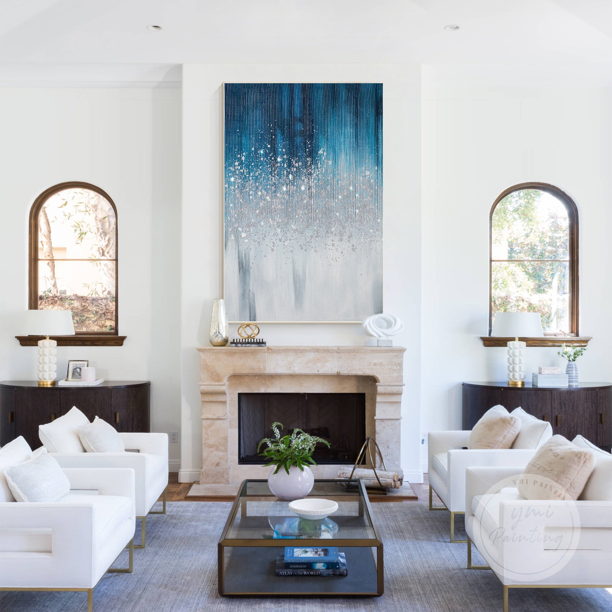 Large textured glitter art in navy and silver, combining minimalist style with eye-catching sparkle.