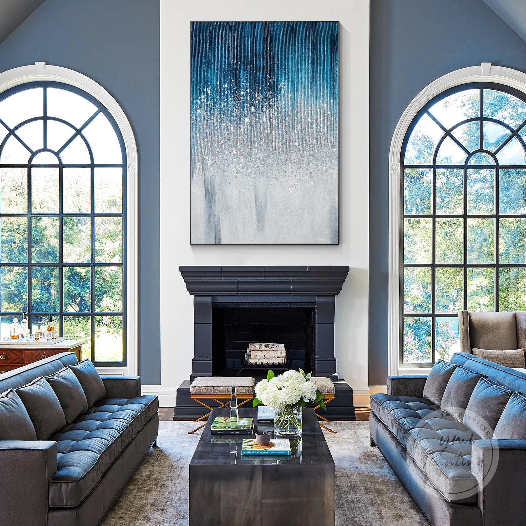 Original silver leaf and glitter wall decor on navy blue canvas, perfect for contemporary office interiors.