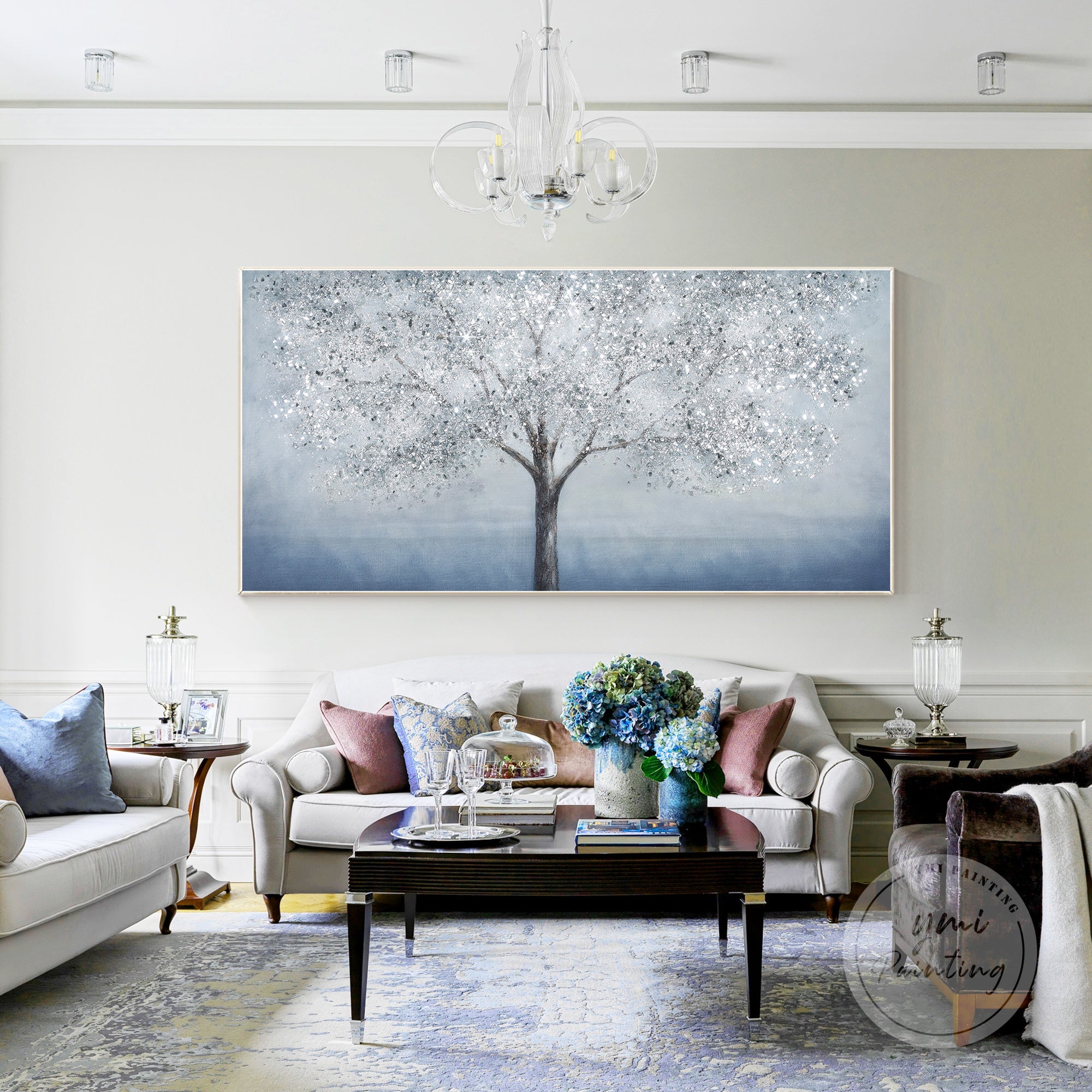 Textured silver leaf and blue tree wall art with sparkling glitter details, perfect for minimalist and glam decor.