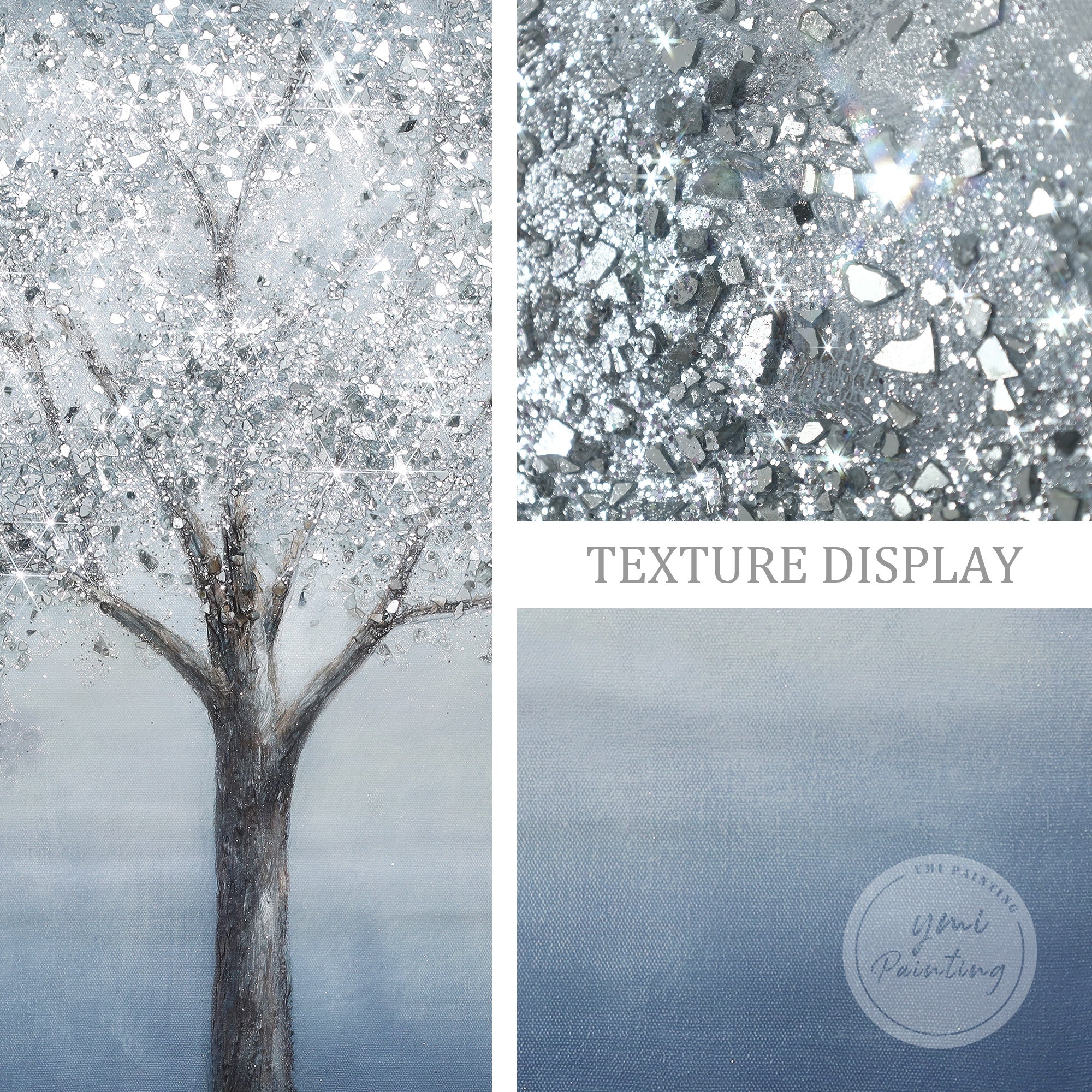 Abstract large blue tree painting enhanced with silver glitter and 3D texture, creating an elegant focal point.