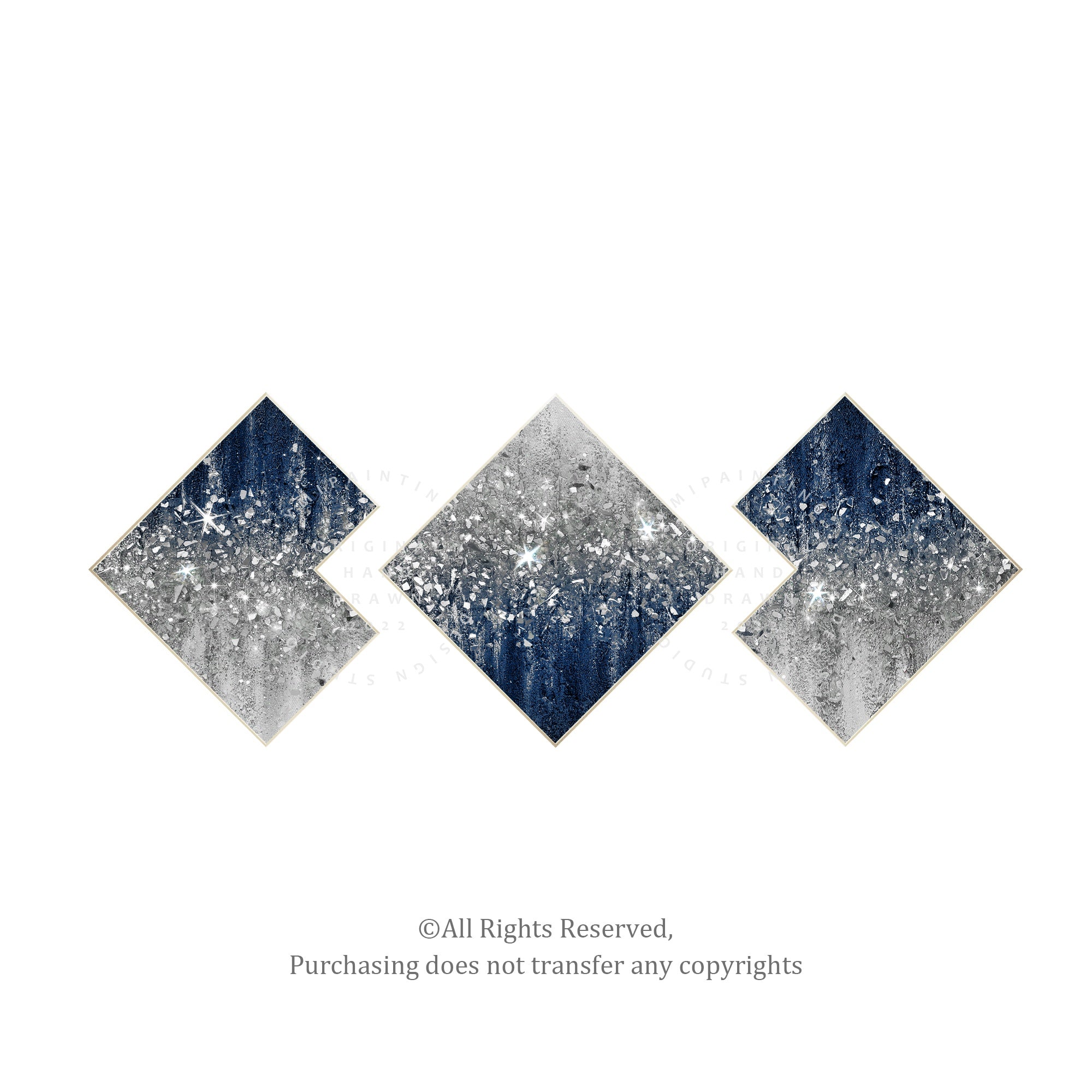 Original 3-piece silver glitter wall art set with navy blue backgrounds, featuring glamorous and textured blue glitter paintings.