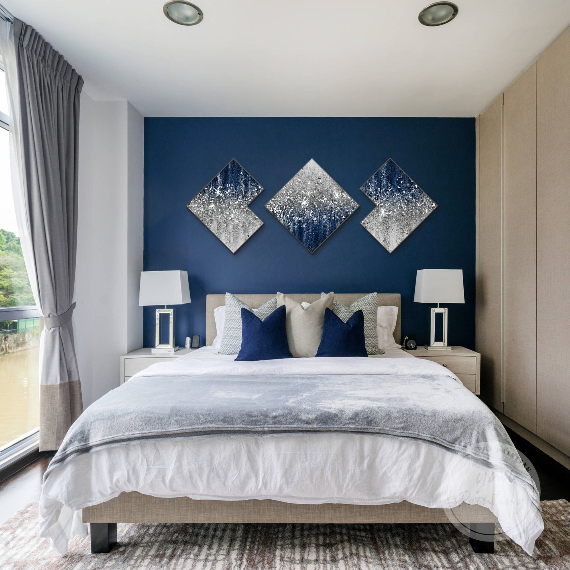 Three-panel navy blue wall decor with silver glitter accents, perfect for modern glam interior design.