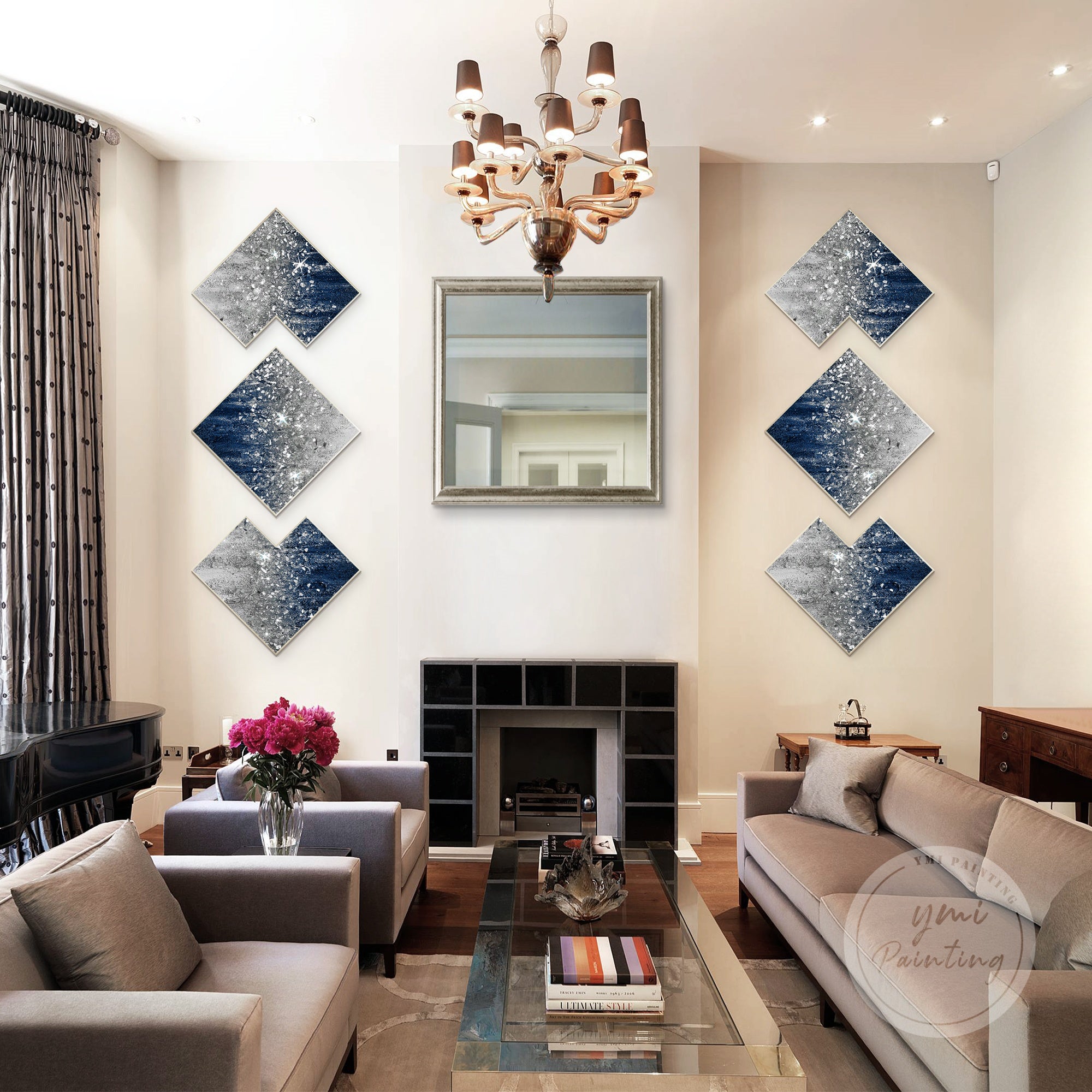 Large blue wall art triptych enhanced with shimmering silver glitter for sophisticated wall decoration.