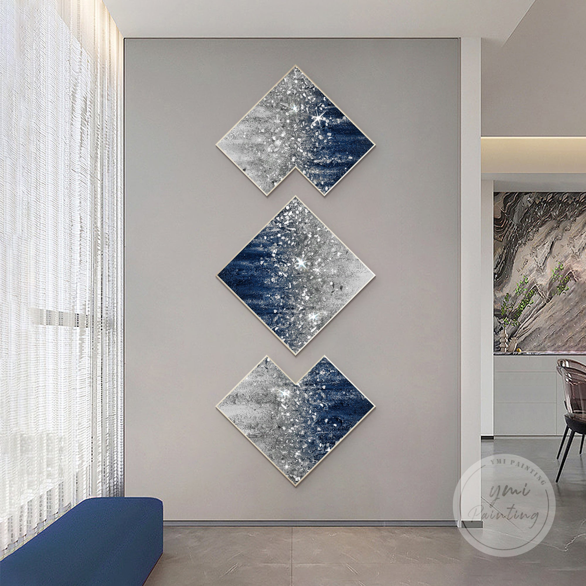 Glamorous glitter painting set of three pieces in deep blue tones, ideal for minimalist and elegant home decor.