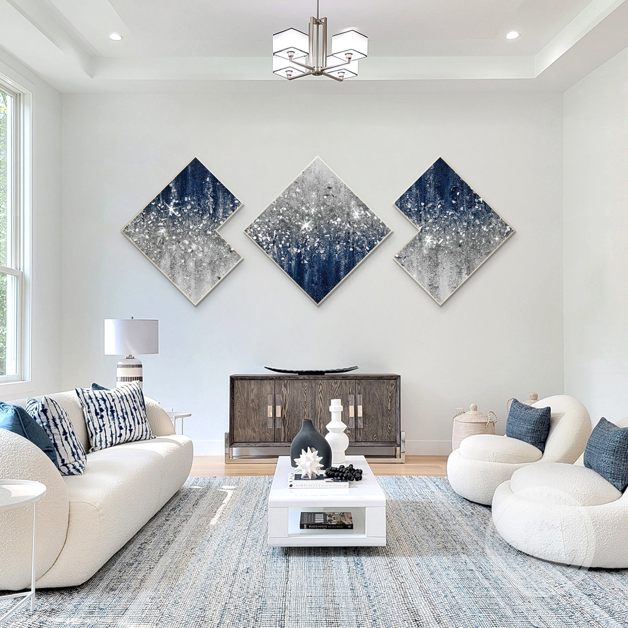 Textured navy blue and silver glitter canvas art, designed to create a luxurious atmosphere in living rooms or offices.