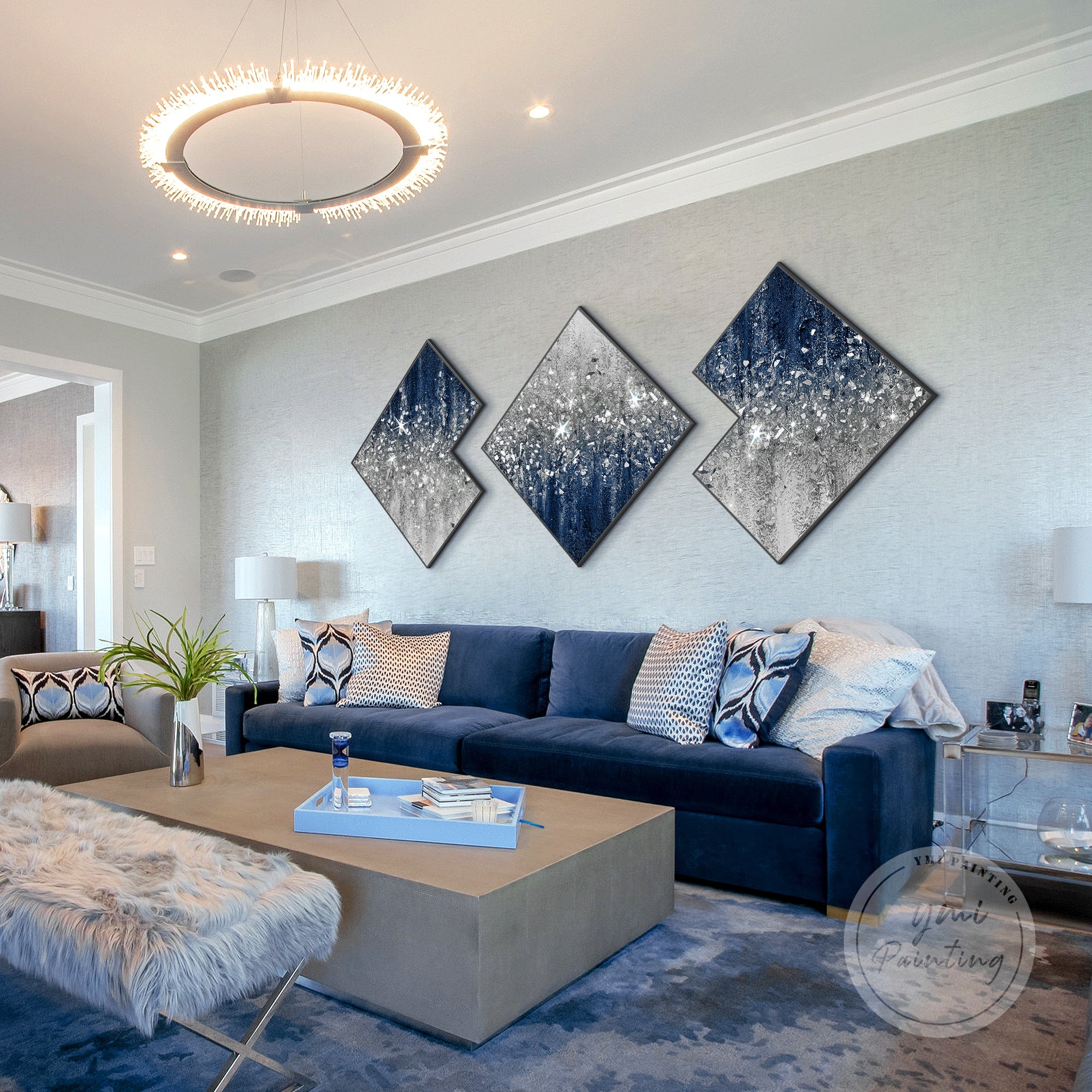 Blue glitter wall art set with silver accents, combining modern glam and textured artistry for stylish spaces.