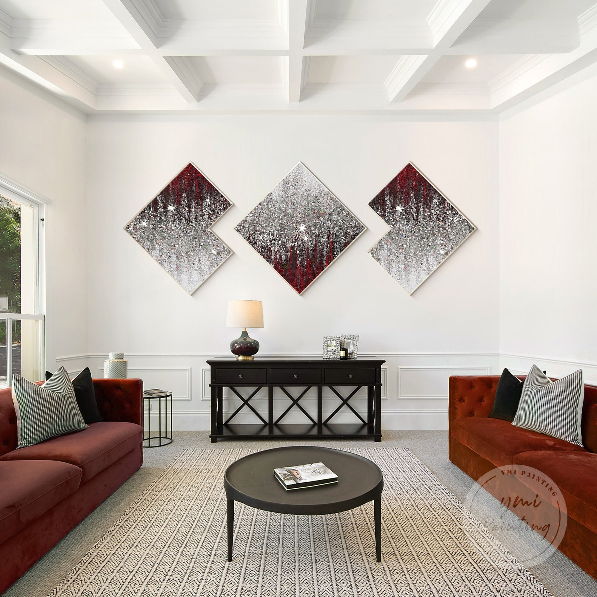 Set of 3 red and silver glitter framed artworks, showcasing rich textures and bold colors in a stunning three-piece painting.