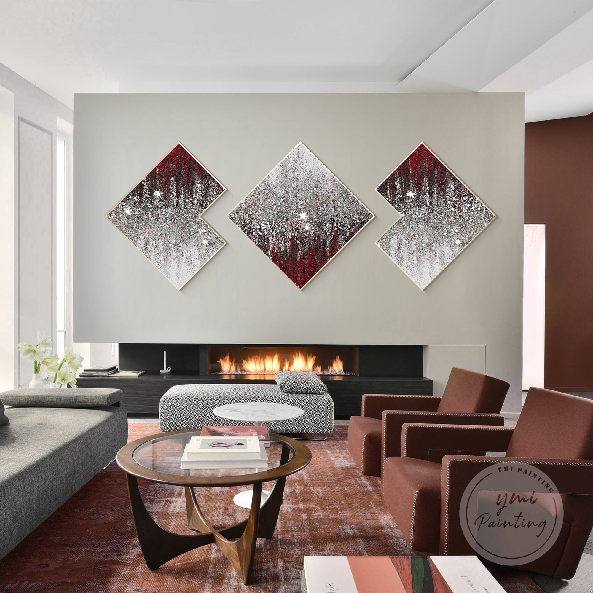 Textured three-part painting with crushed glass and glitter elements, blending red and silver hues for a luxurious wall decor.