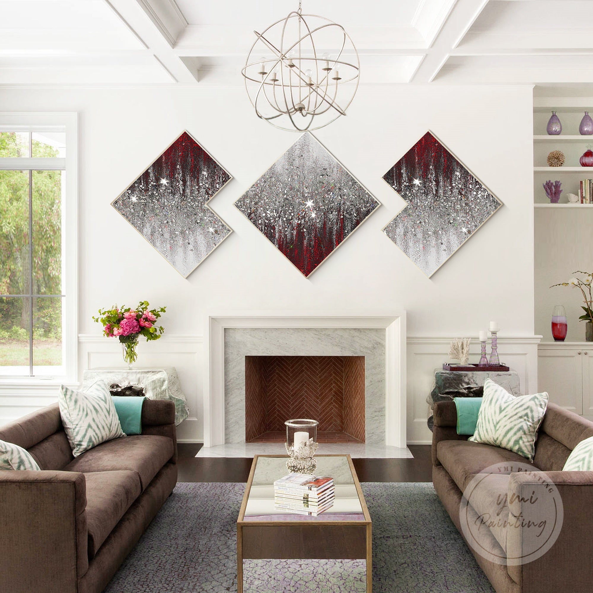 Red and silver glitter three-piece artwork with crushed glass texture, perfect for modern glam and statement wall art.