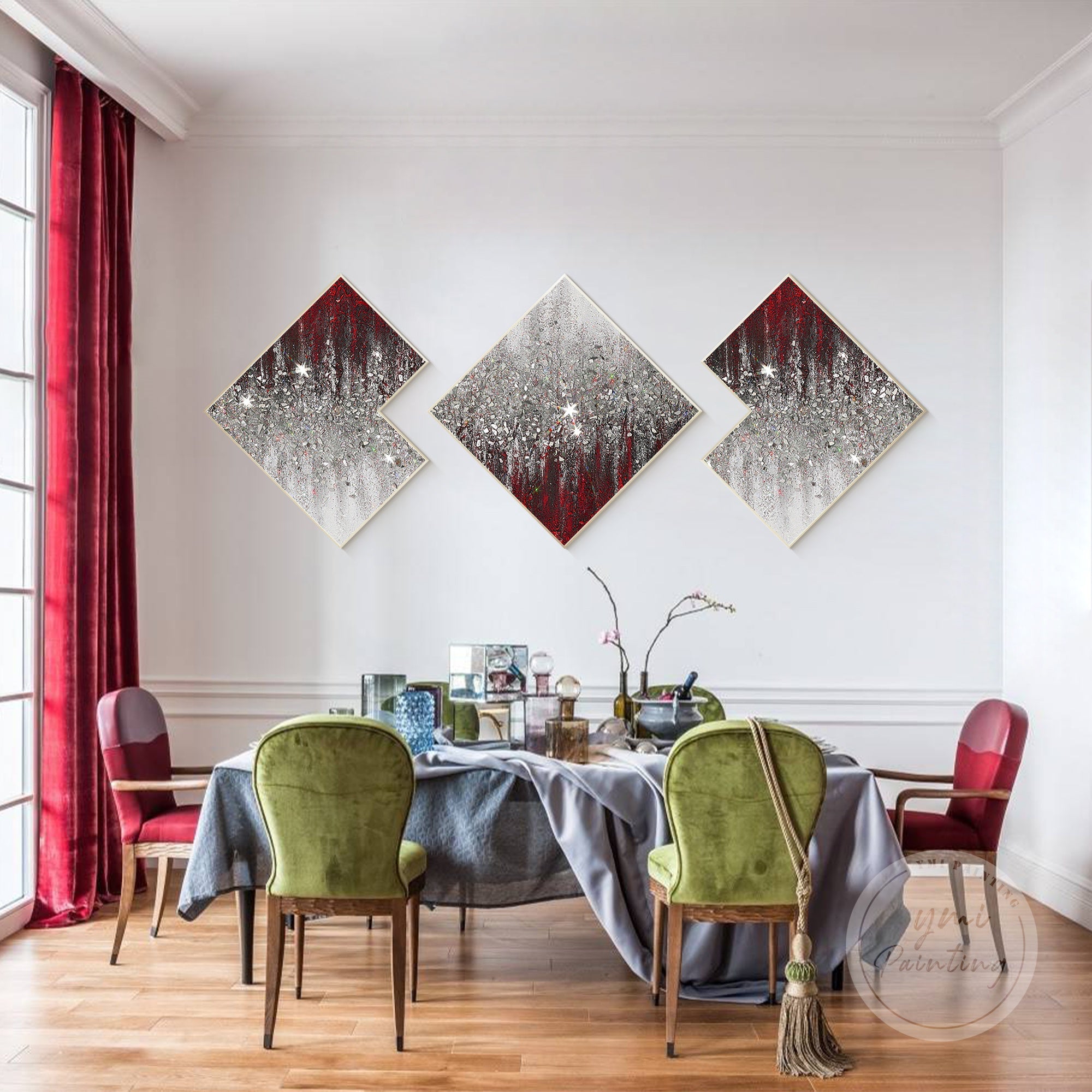 Multi-panel red glitter painting enhanced with silver shimmer and crushed glass effects, creating a powerful focal point.