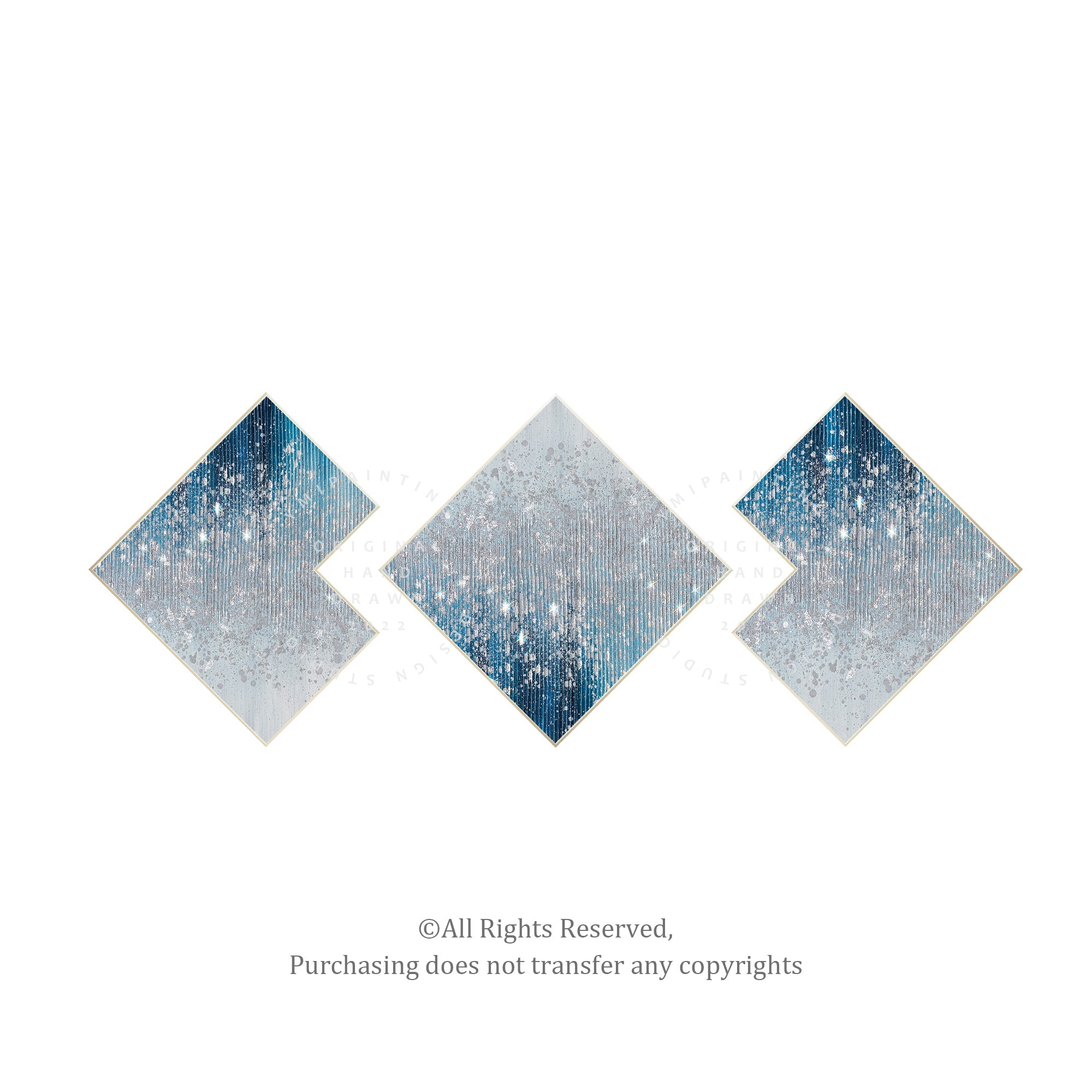 Original set of 3 navy blue and silver glitter paintings, massive abstract wall art with sparkling textures, perfect as a three-panel artwork for modern spaces.