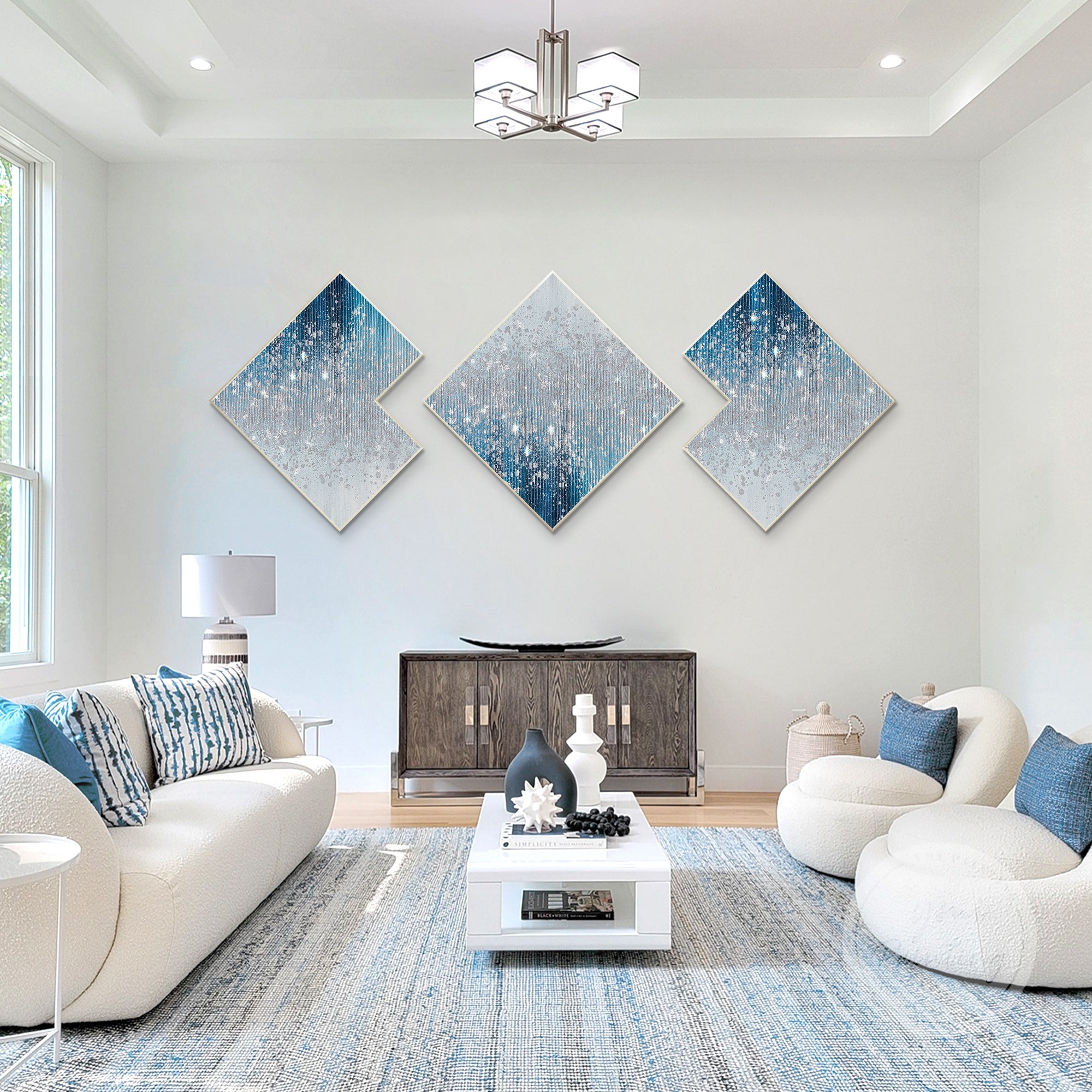 Three-piece navy blue glitter triptych painting with silver accents, textured and framed for a striking abstract wall decor.