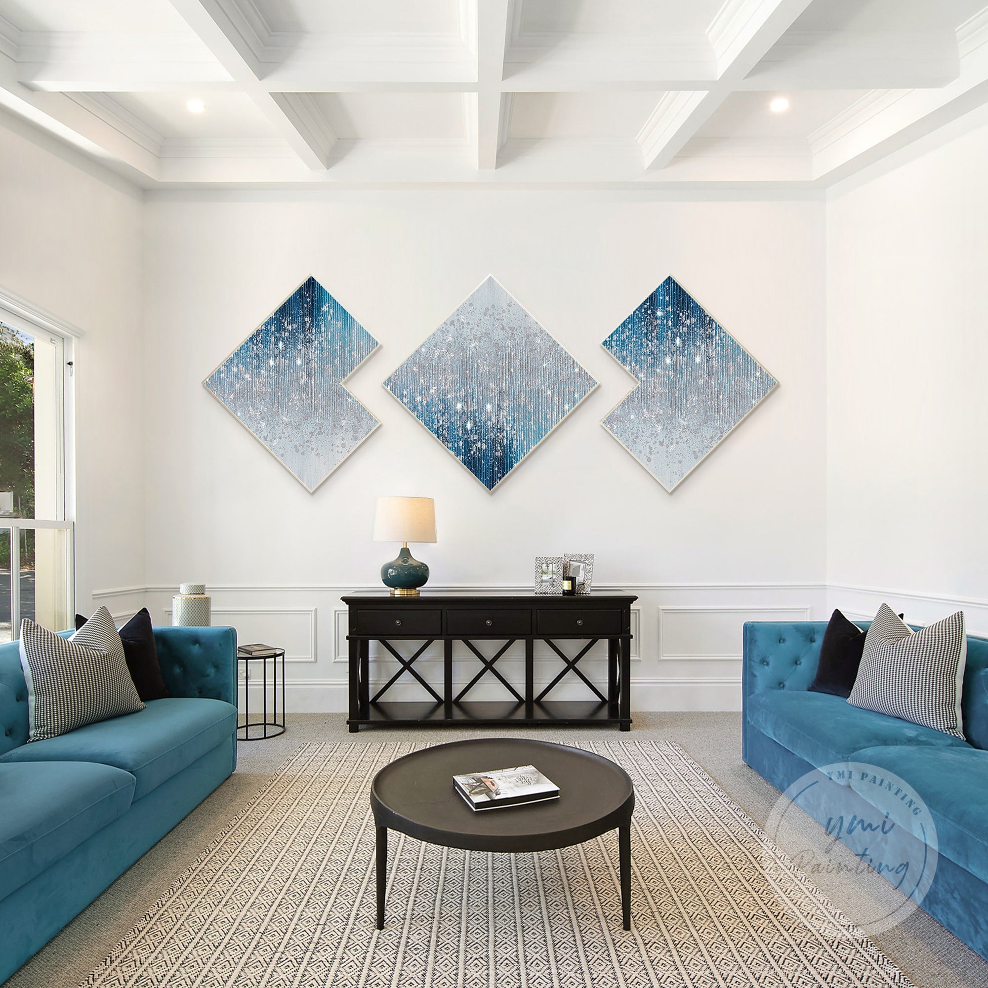 Large three-panel navy and silver glitter art set, showcasing dynamic sparkle and abstract forms in a multi-piece artwork.