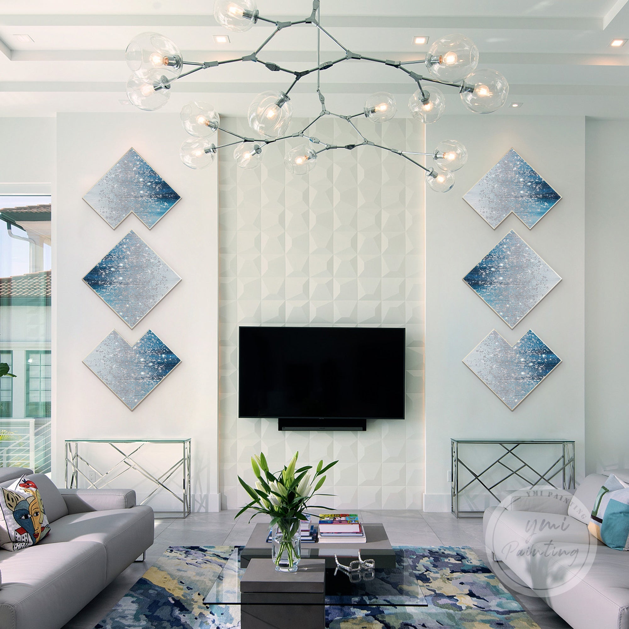 Navy blue and silver glitter three-part painting with rich textures, creating a bold and glamorous wall statement.