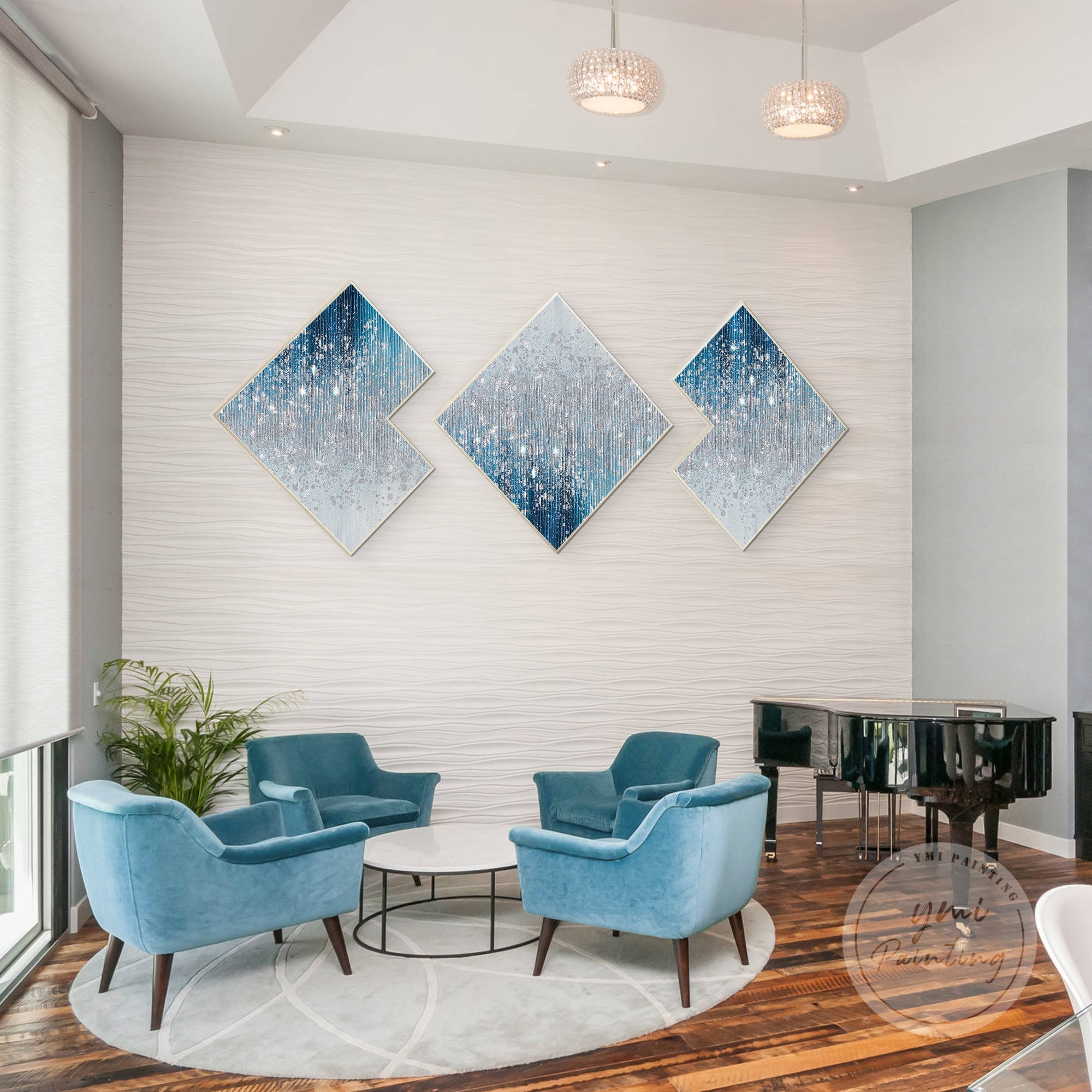 Set of three navy blue glitter paintings with silver sparkle highlights, ideal for office or living room decoration.