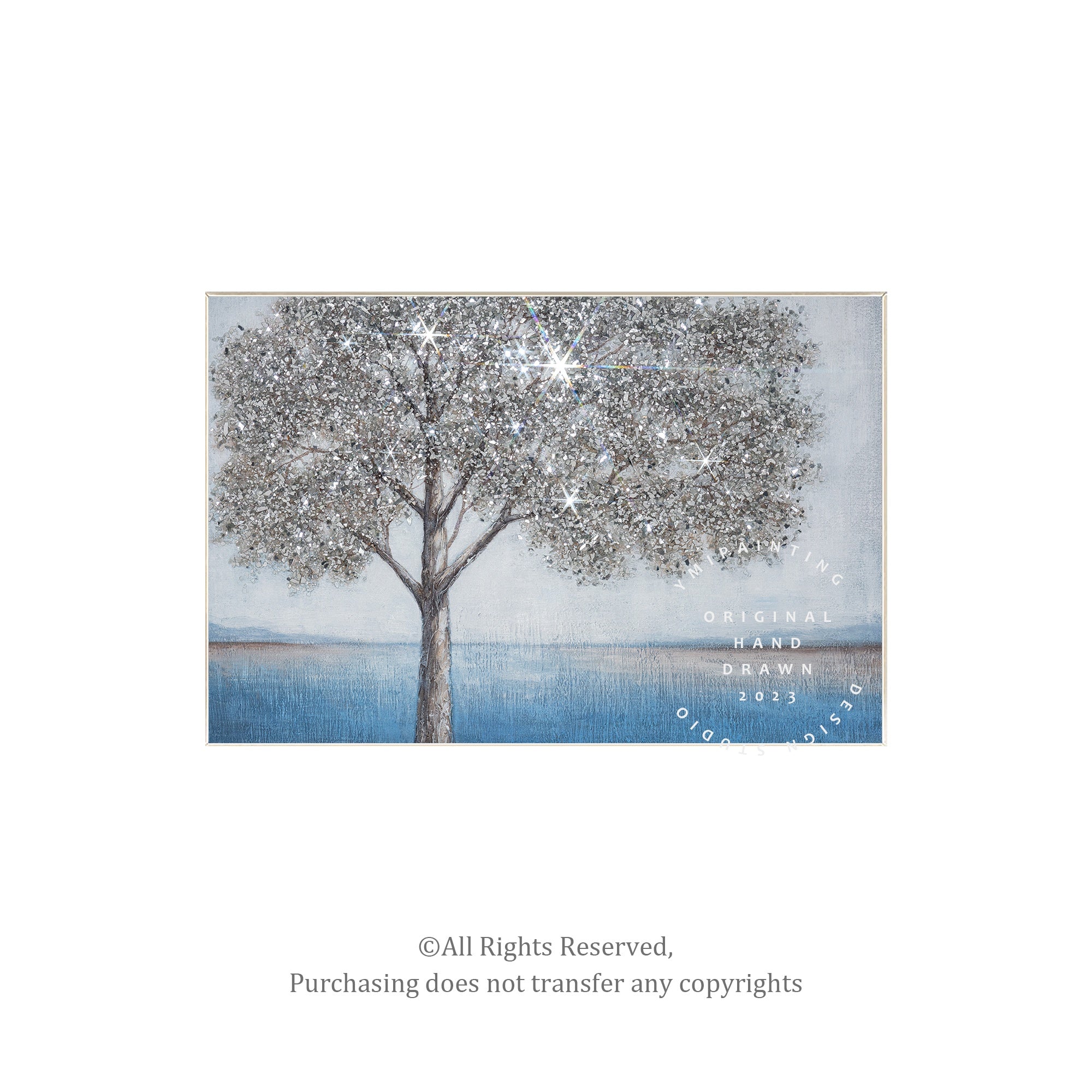 Original tree glitter painting with silver sparkle and textured canvas art.