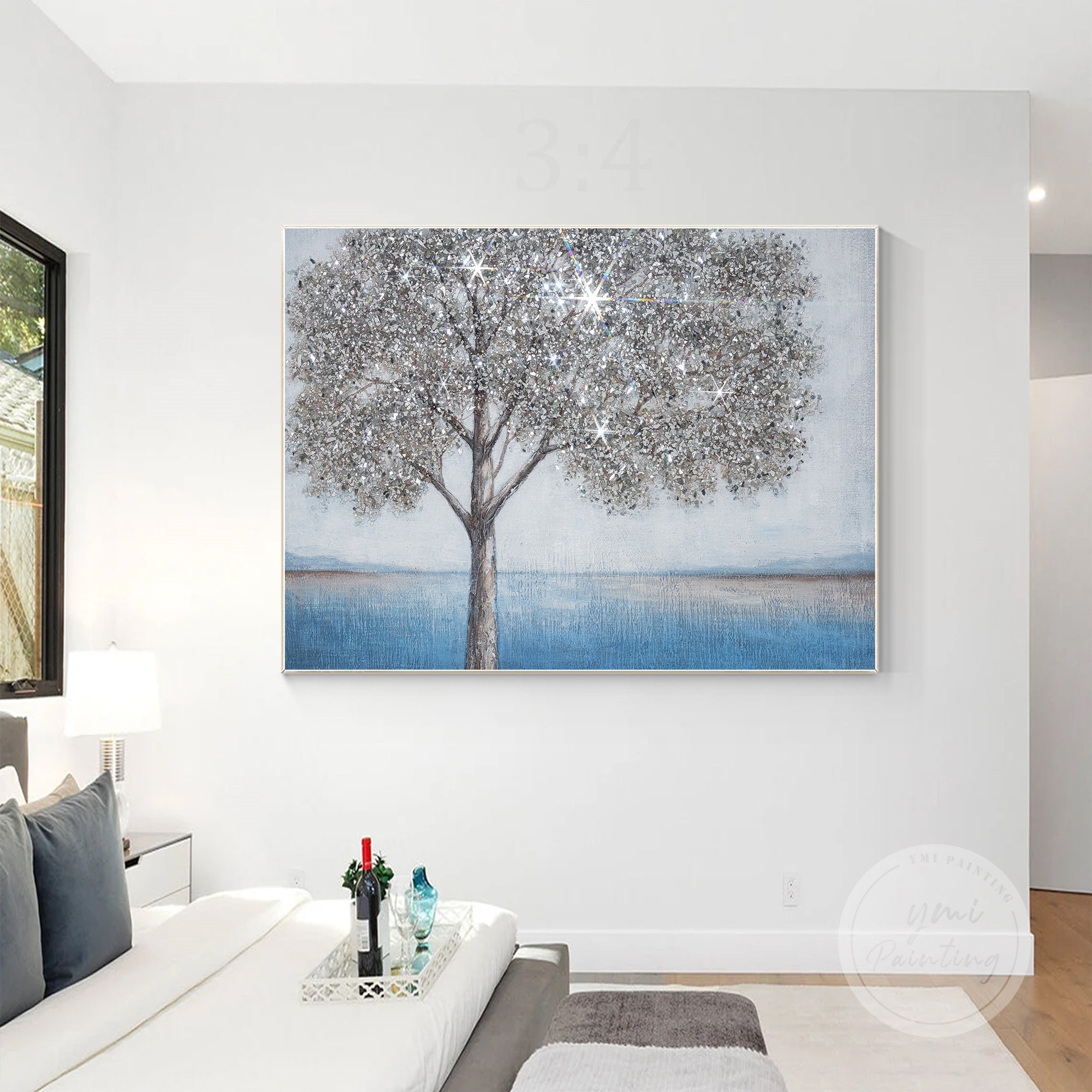 Large framed silver glitter tree wall art for minimalist glam décor.