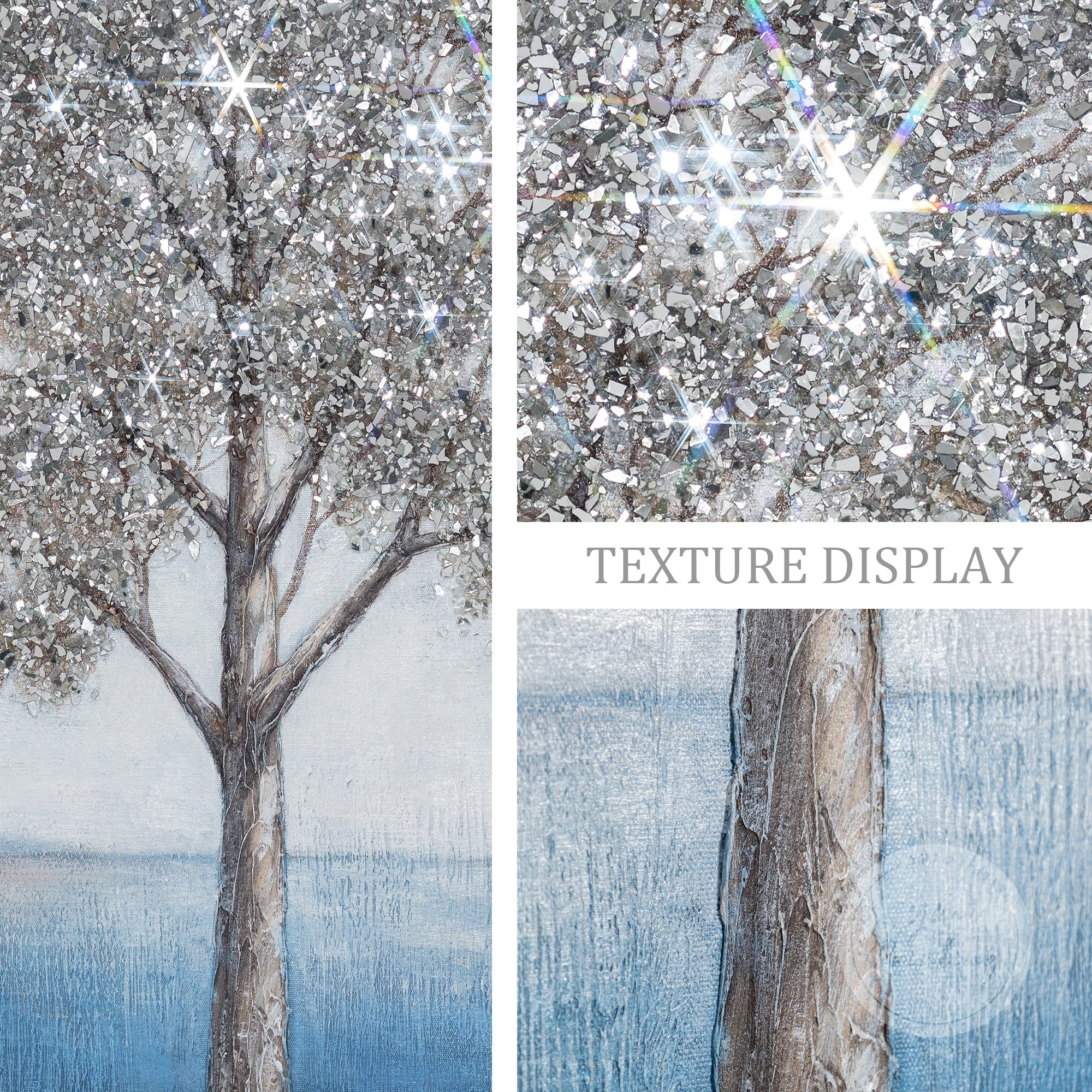 Textured large canvas glitter tree painting in silver and navy blue tones.
