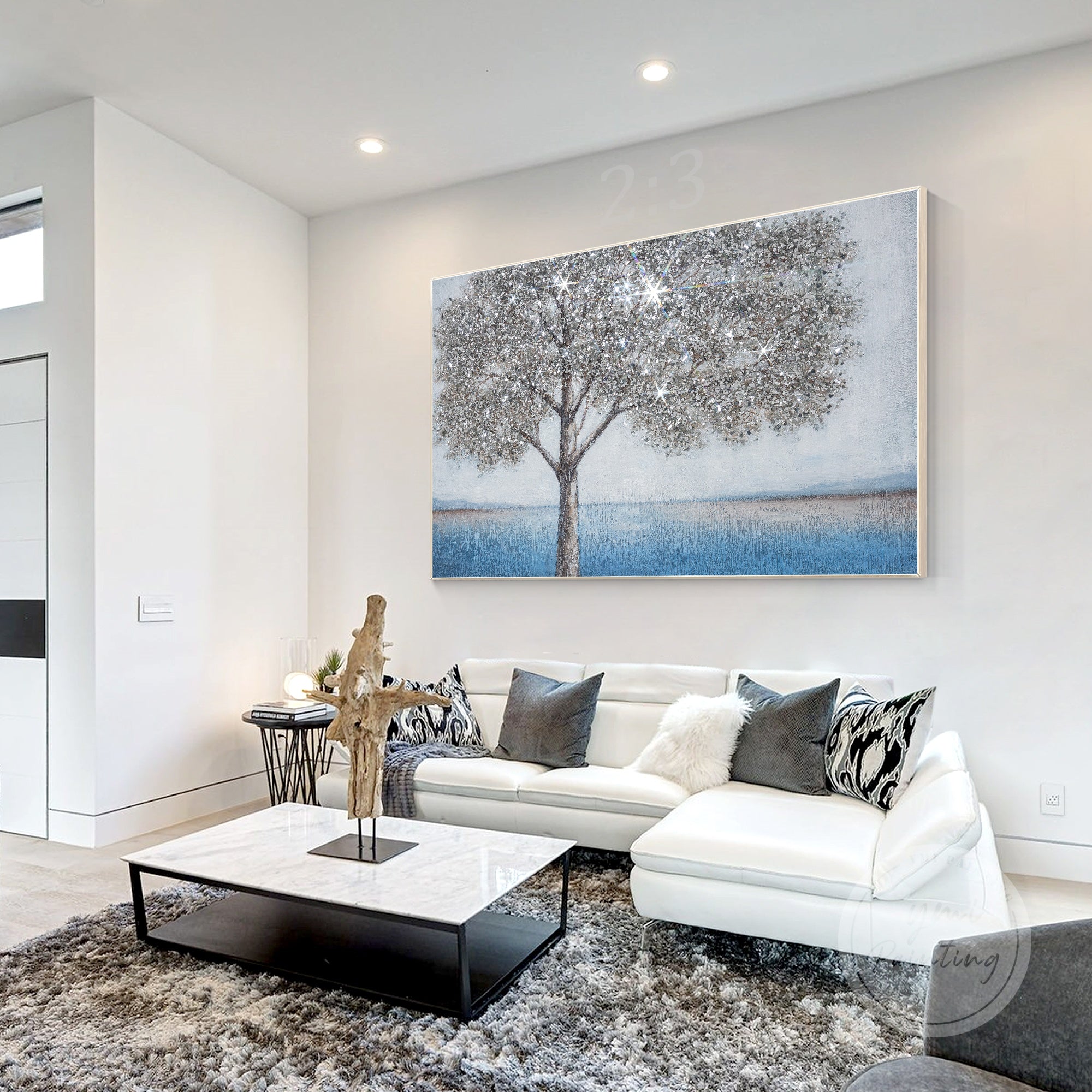Elegant silver glitter tree art perfect for modern living room or office.