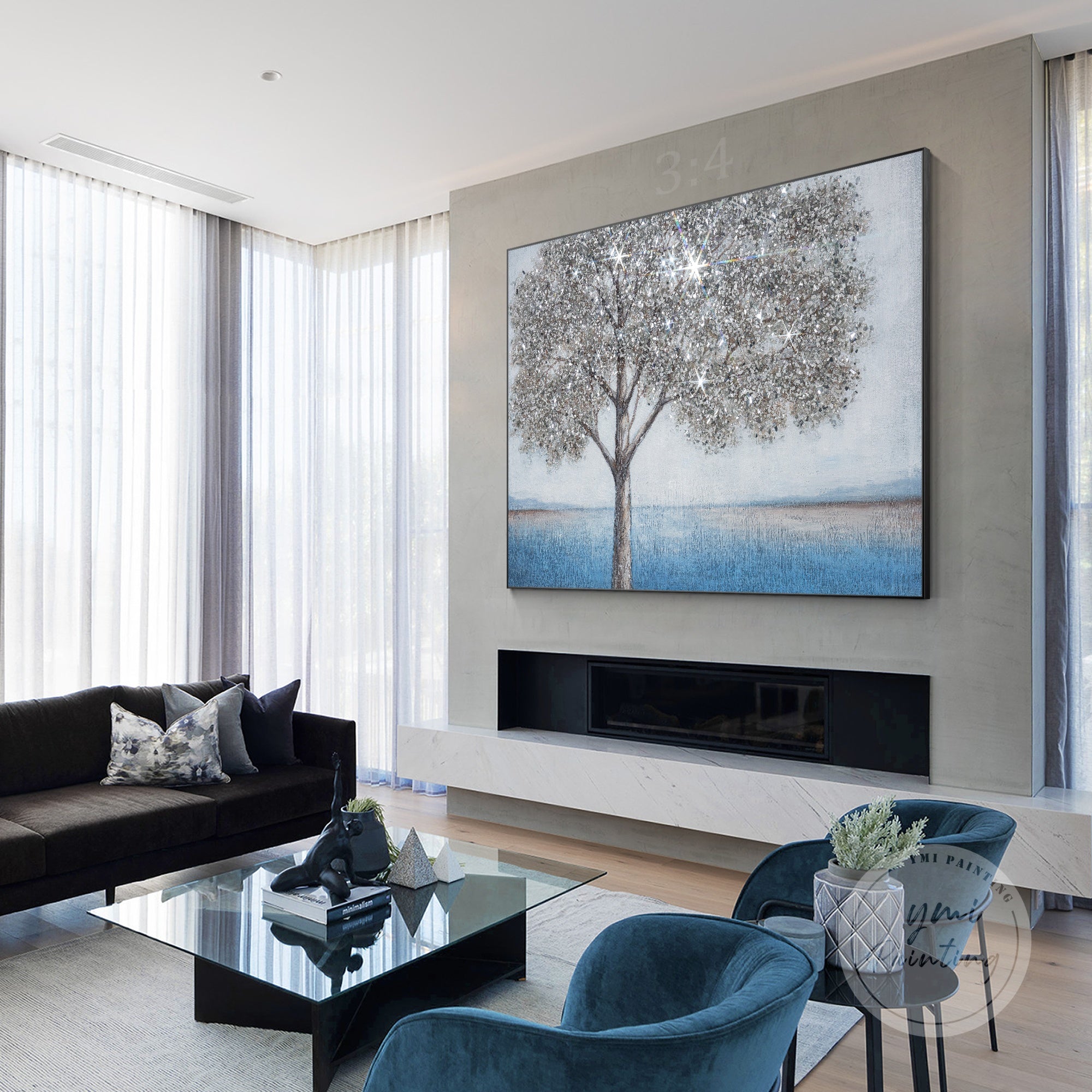 Abstract tree glitter painting with crushed glass and 3D effects.