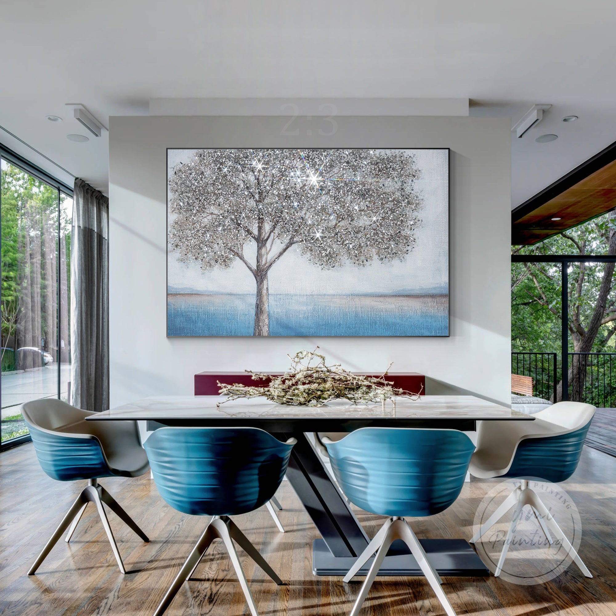 Minimalist silver sparkle tree canvas with rich textures and framed finish.