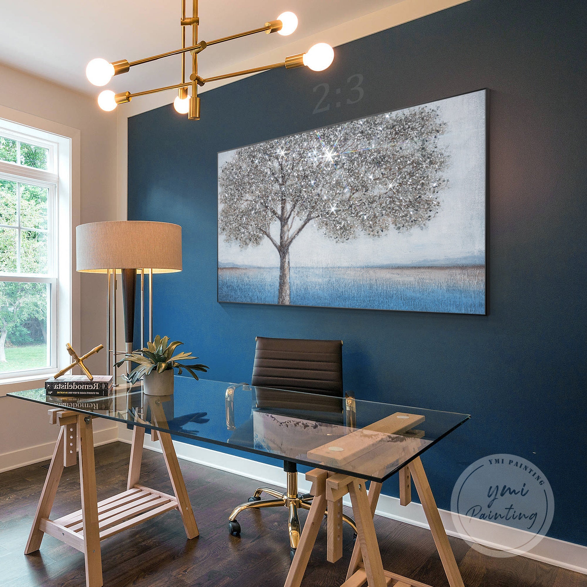 Large wall décor featuring a shimmering silver tree glitter painting.