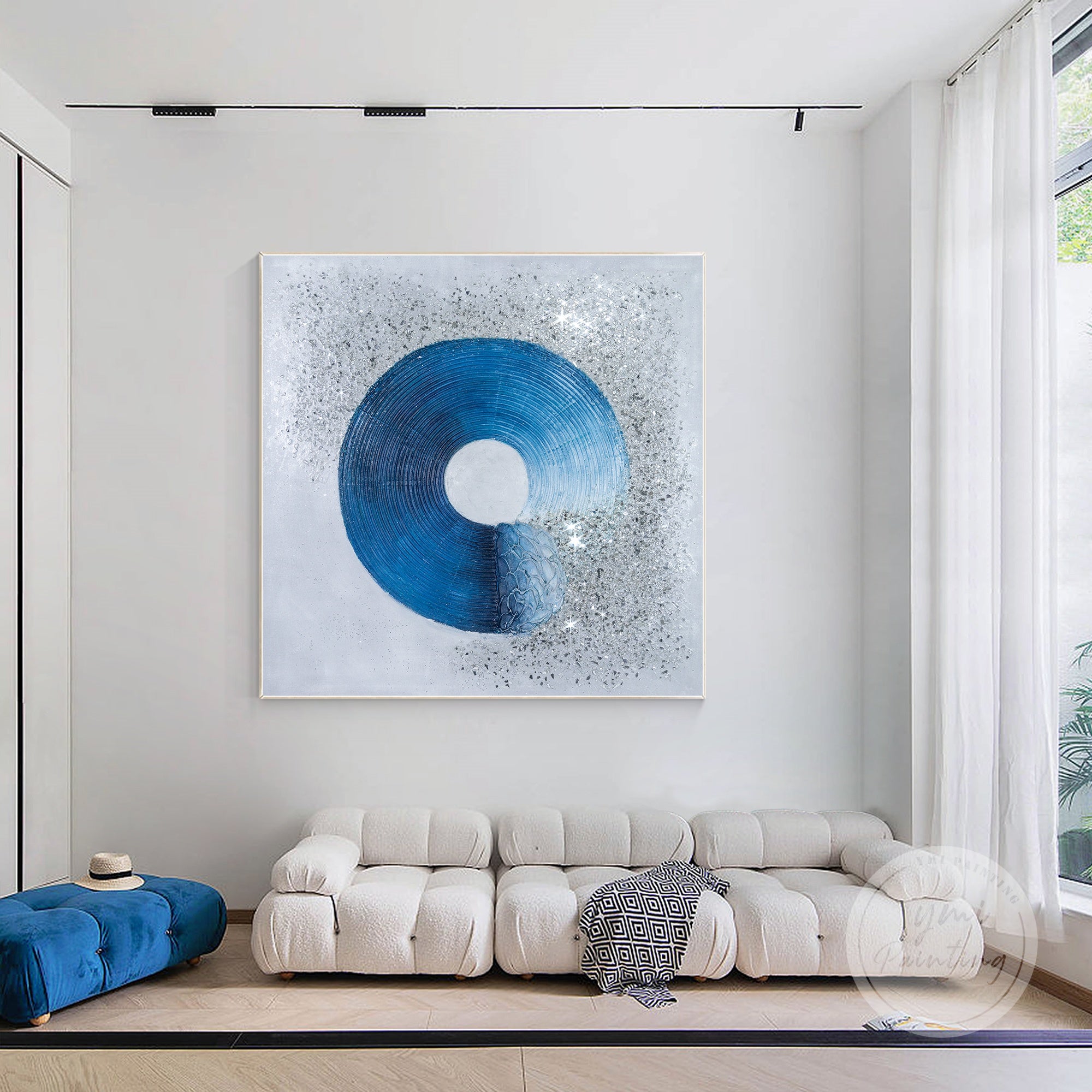 Original blue and silver glitter painting featuring sparkling crushed glass accents and textured surface.