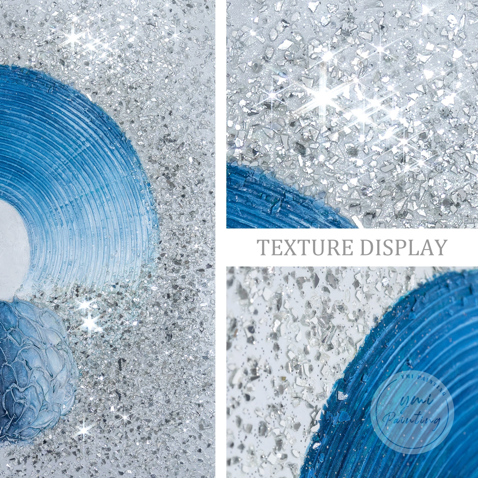 Large navy silver glitter canvas with shimmering crushed glass details for modern wall décor.