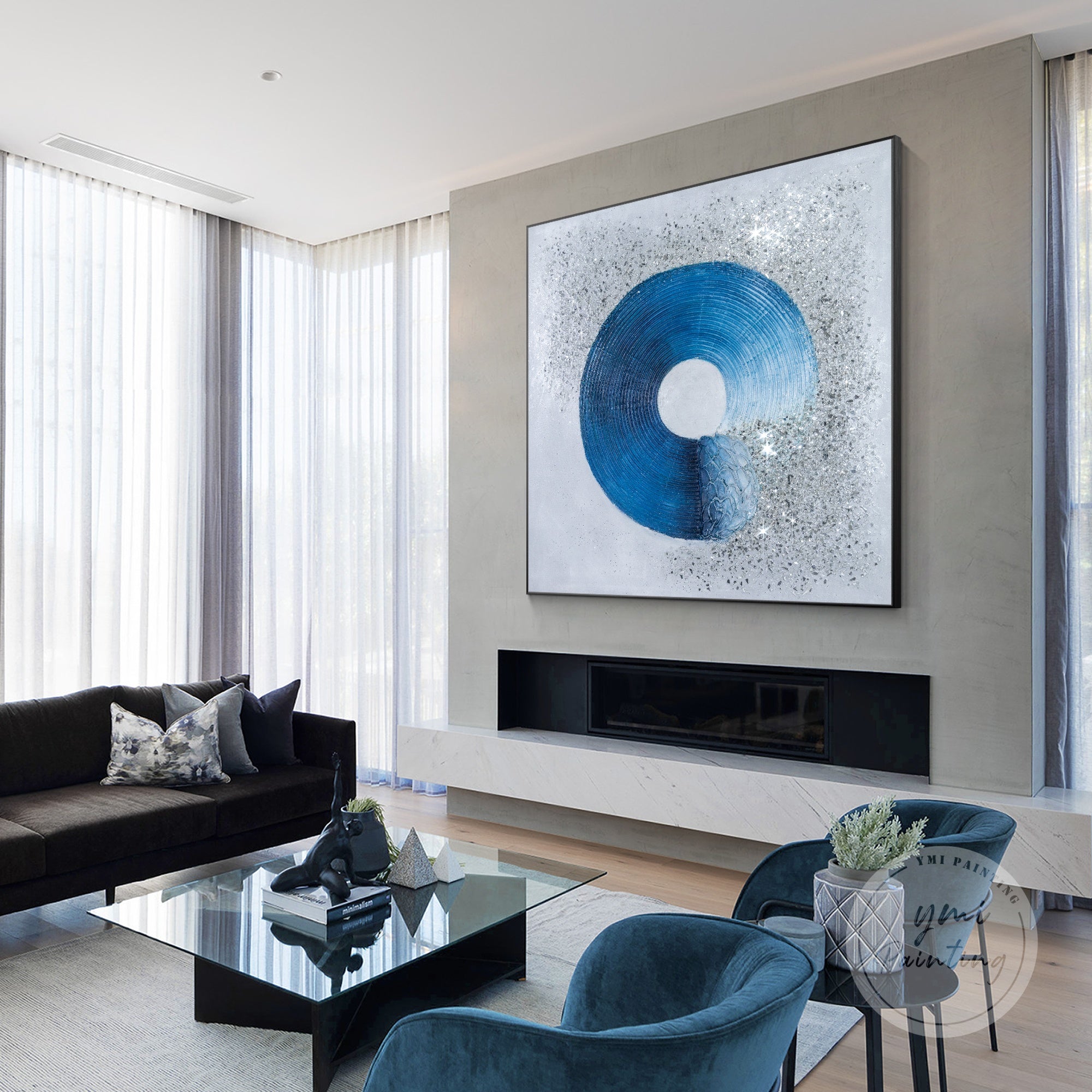 Minimalist navy and silver abstract glitter art with dynamic 3D textures and glitter sparkle.