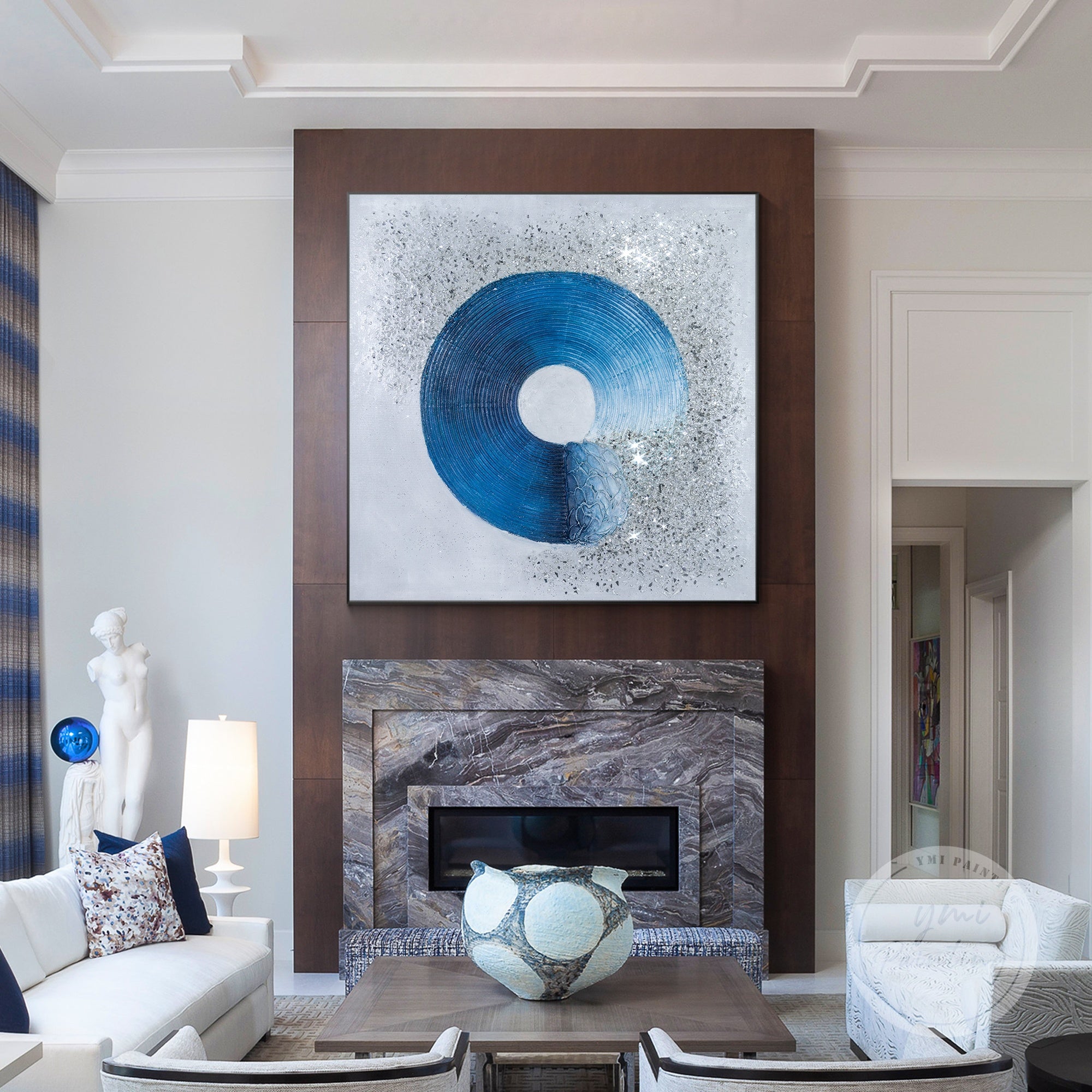 Glamorous crushed glass wall art in navy blue and silver tones, perfect for contemporary interiors.