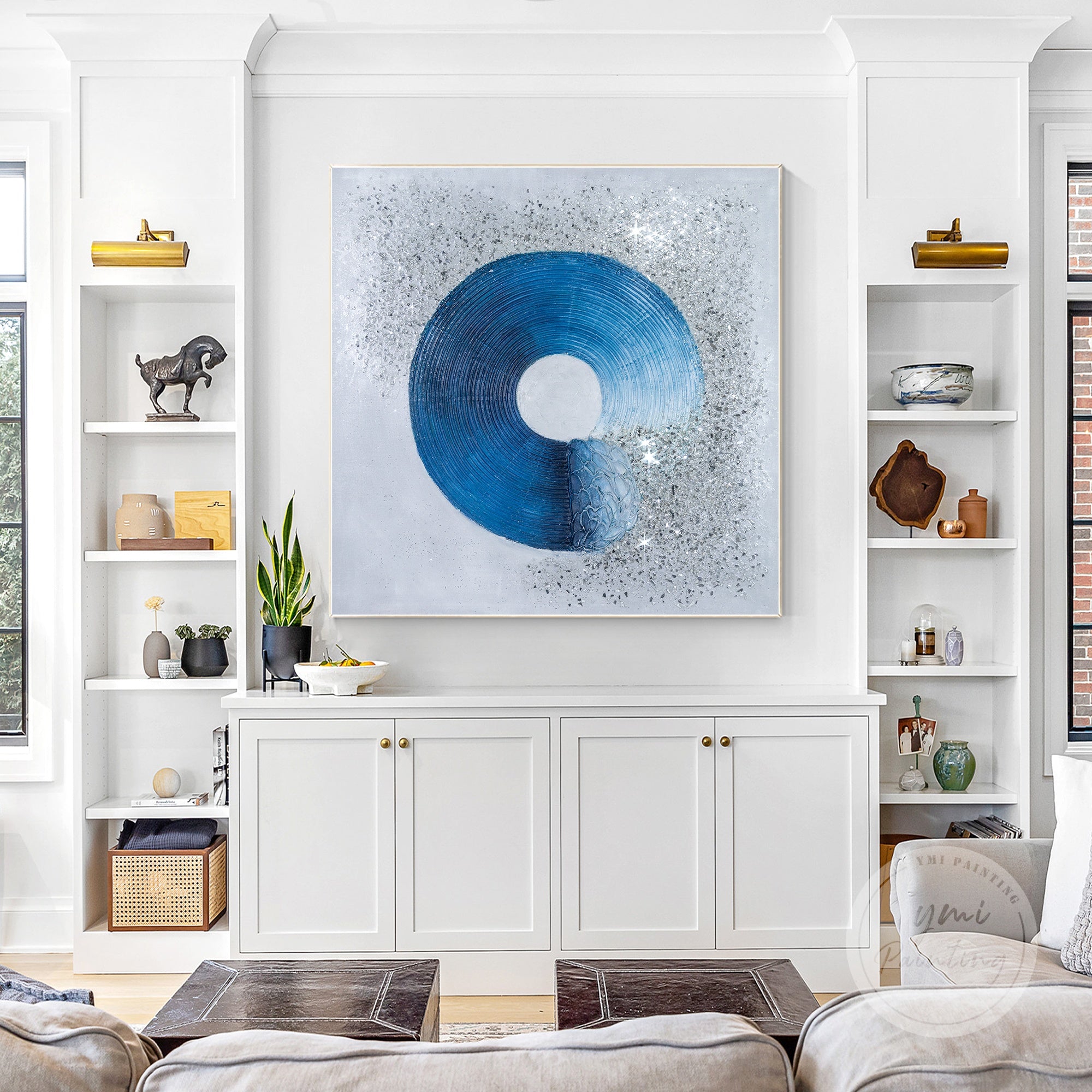 Elegant navy silver glitter wall décor featuring crushed glass sparkle and framed canvas.