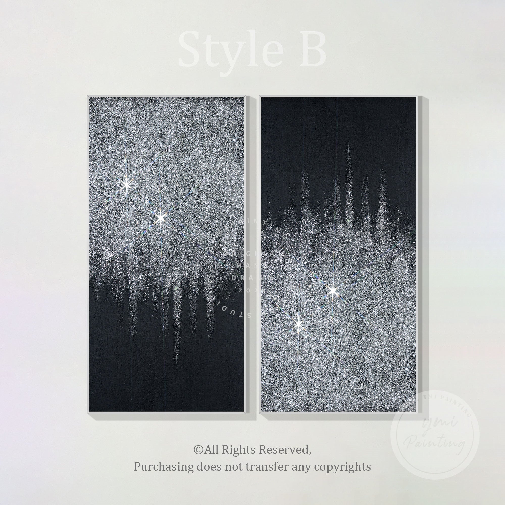 Original silver glitter wall art set of 2 with crushed glass on black silver minimalist canvas.