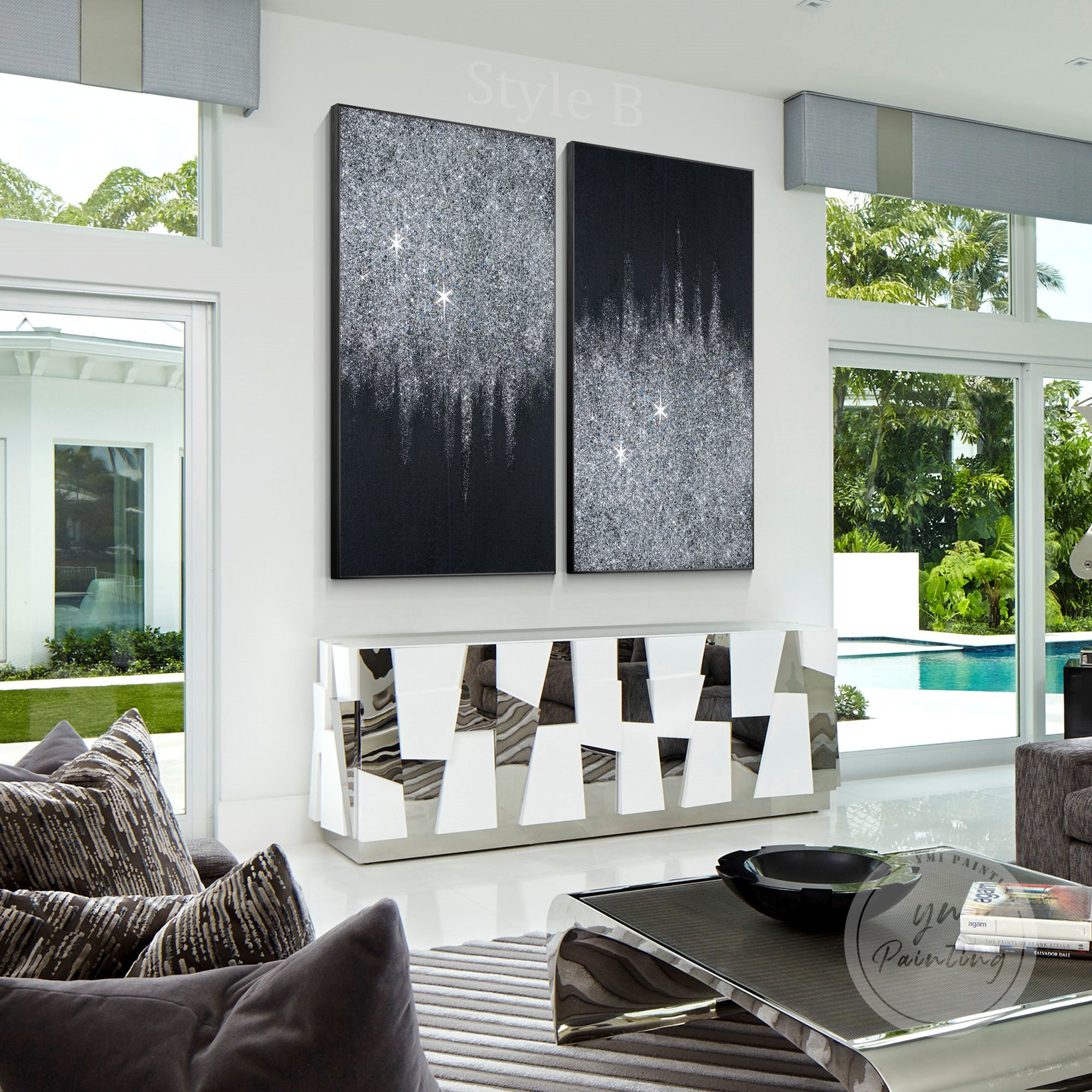 Two-piece silver glitter paintings with textured crushed glass and sparkling effects.